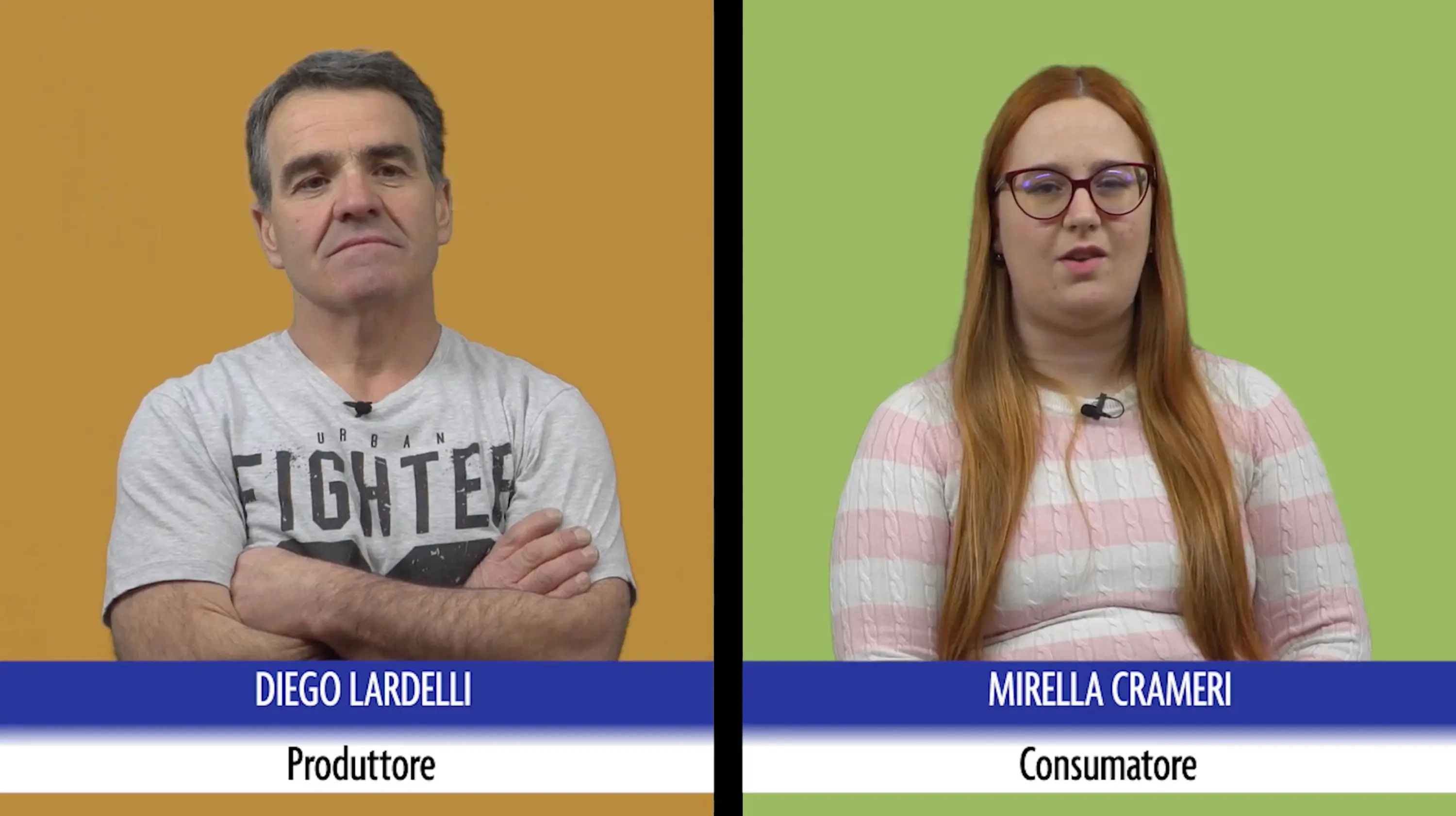 Due persone sono ritratte su sfondi colorati: a sinistra, Diego Lardelli, un produttore, con le braccia incrociate e un'espressione seria. A destra, Mirella Cramer, una consumatrice, che indossa occhiali e ha i capelli lunghi e rossi, appare con un sorriso.