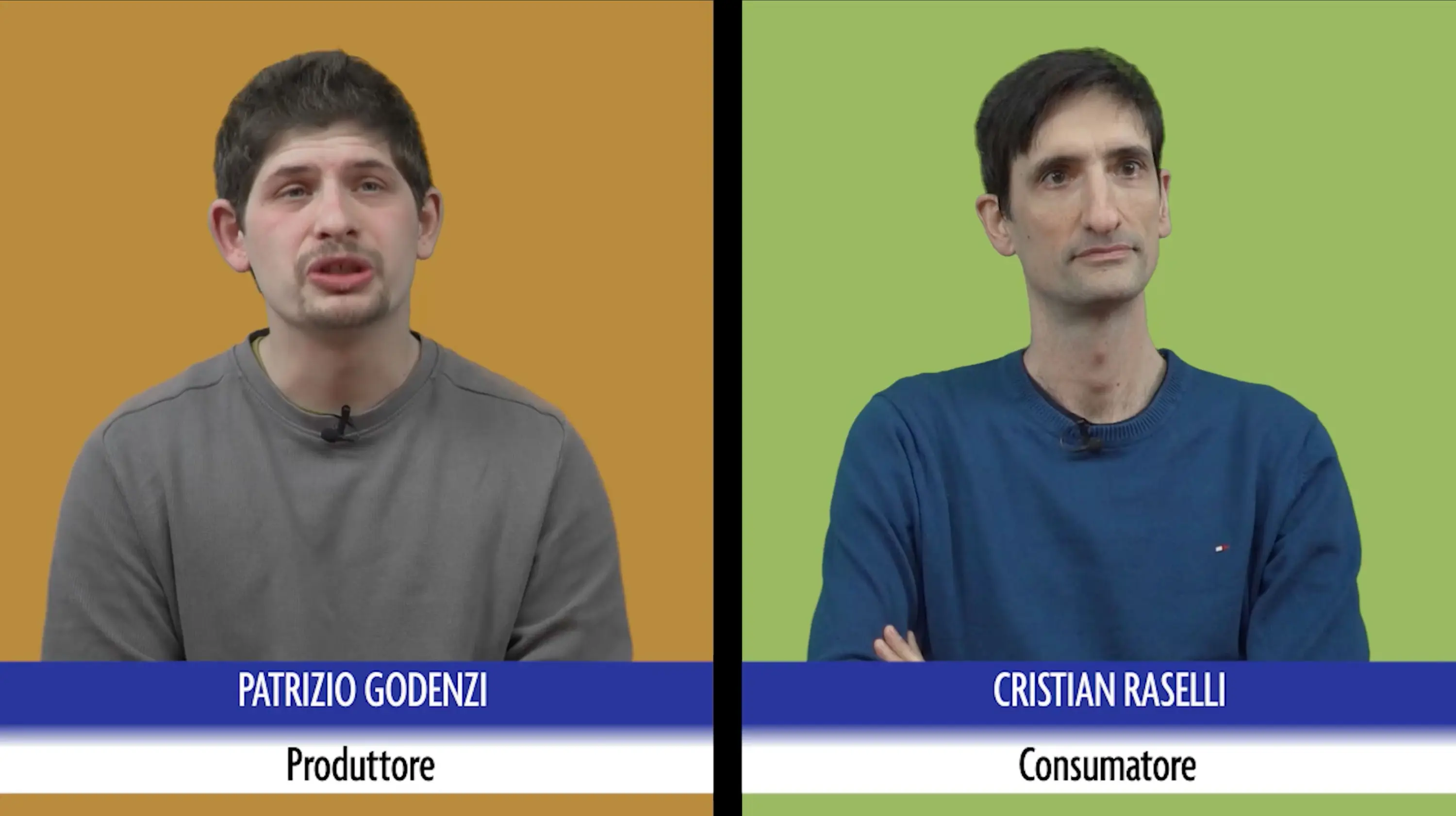 Due uomini in primo piano con sfondi colorati. A sinistra, Patrizio Godenzi, produttore, indossa un maglione grigio. A destra, Cristian Raselli, consumatore, indossa un maglione blu.
