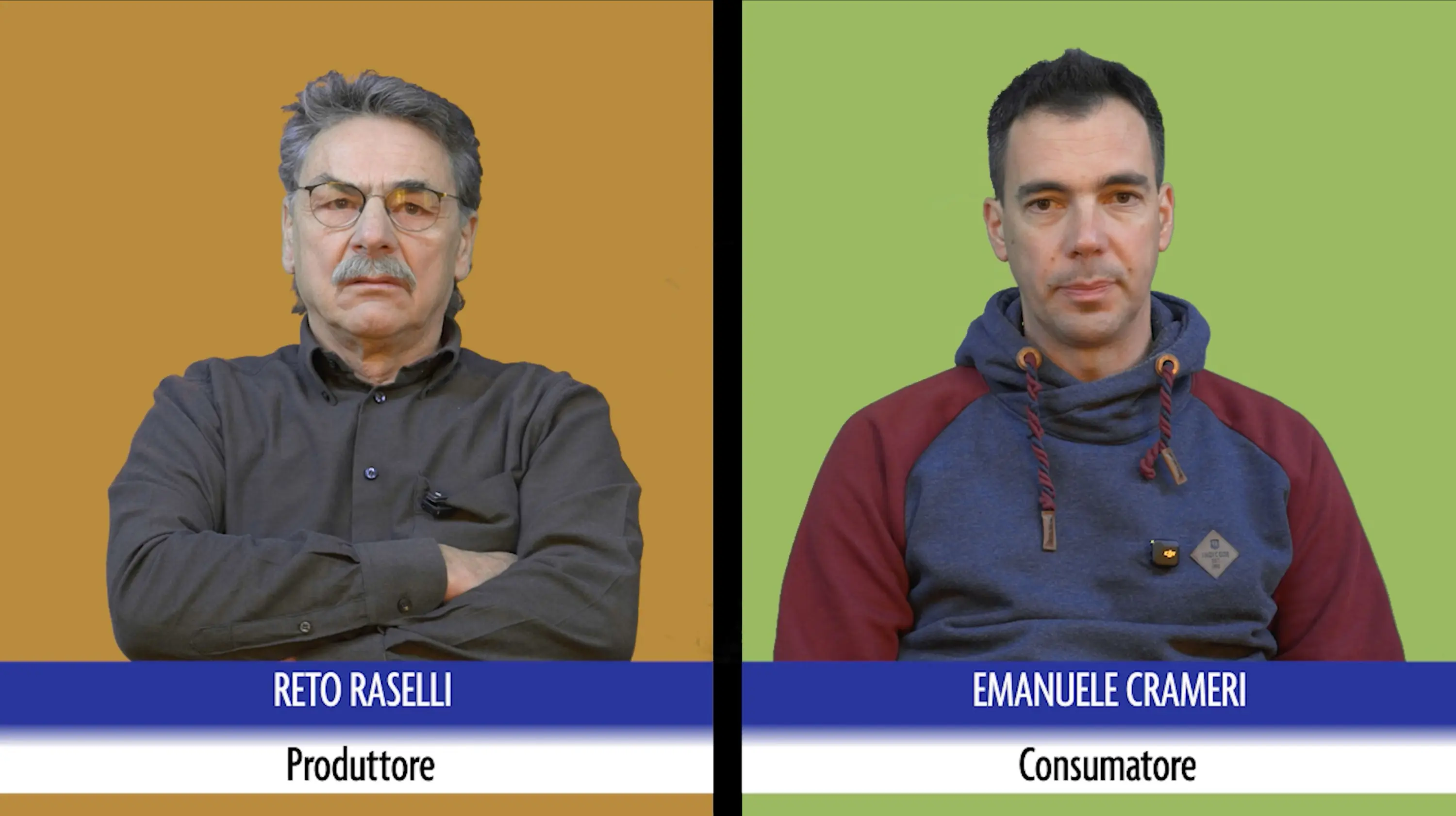 Due uomini ritratti su sfondi arancione e verde. A sinistra, Reto Raselli, produttore, con sguardo serio e braccia incrociate. A destra, Emanuele Crameri, consumatore, con espressione neutra. Sotto i nomi, le rispettive etichette professionali.