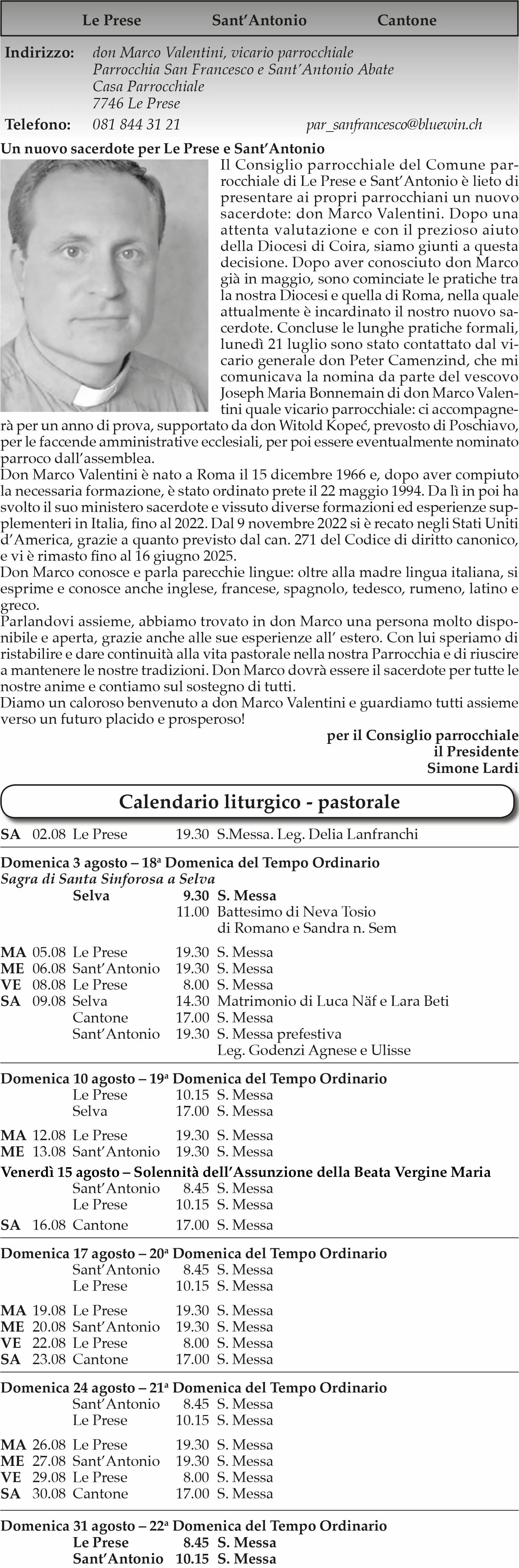 Documento con informazioni di contatto per Le Presse e Sant'Antonio, contenente dettagli del nuovo segretario e un calendario di eventi.