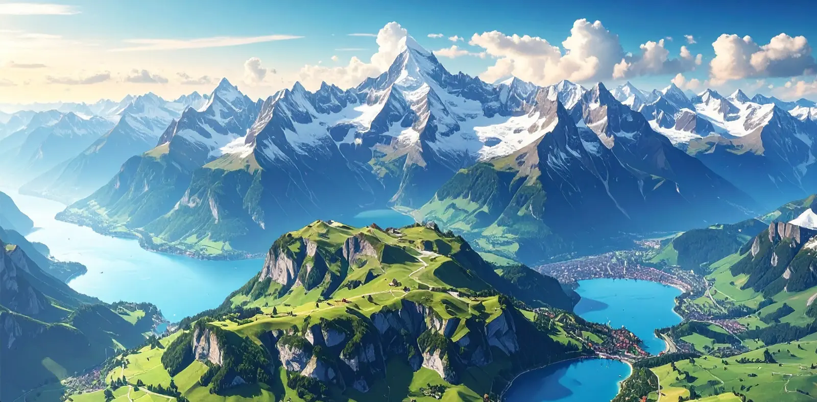 Vaste montagne con cime innevate e laghi blu circondati da verdi colline. Il cielo è sereno con poche nuvole.