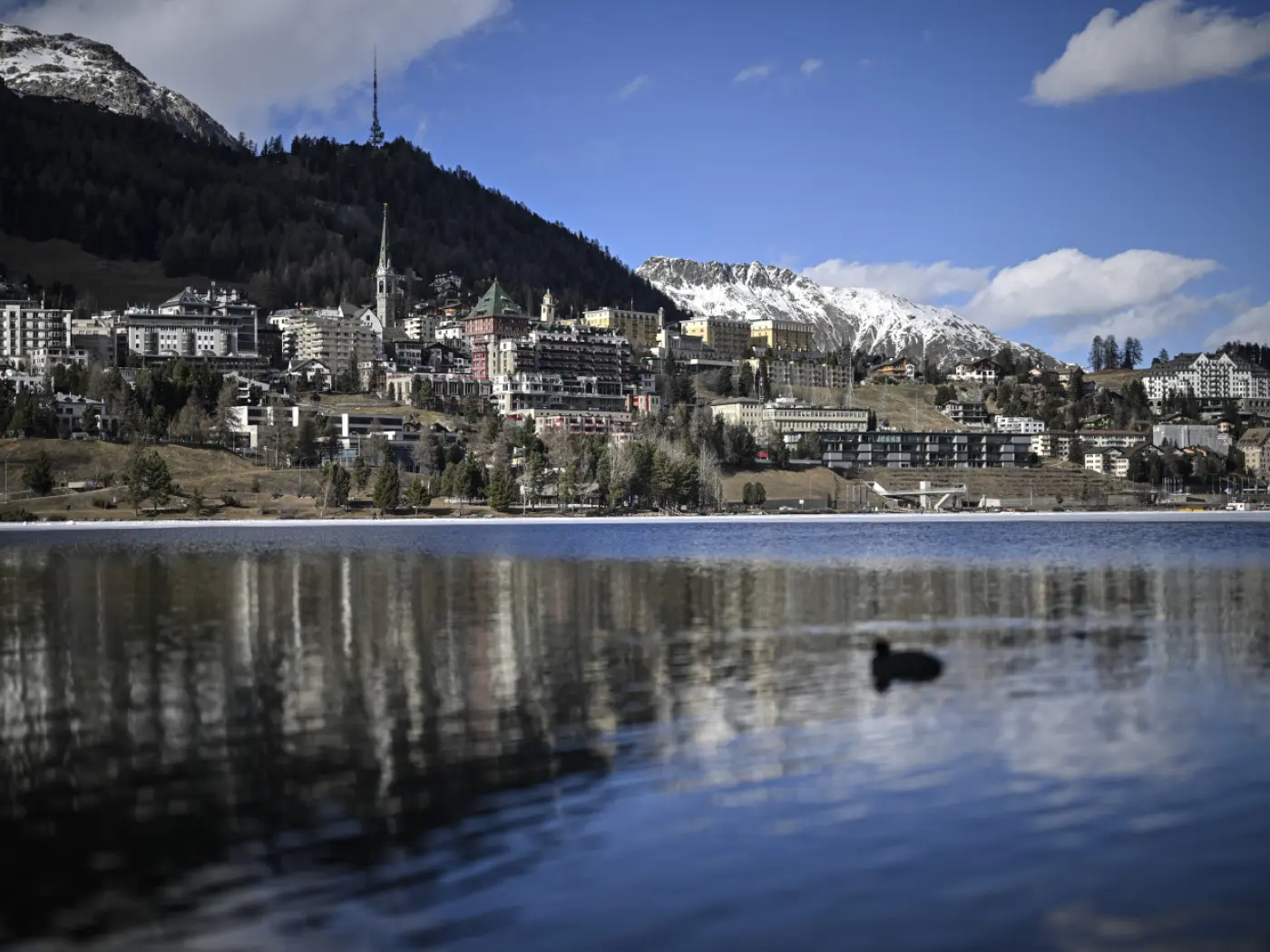 Panorama di un lago con una città montana sullo sfondo. Edifici tipici circondano il lago, con montagne innevate in lontananza. Una anatra nuota tranquillamente in primo piano.