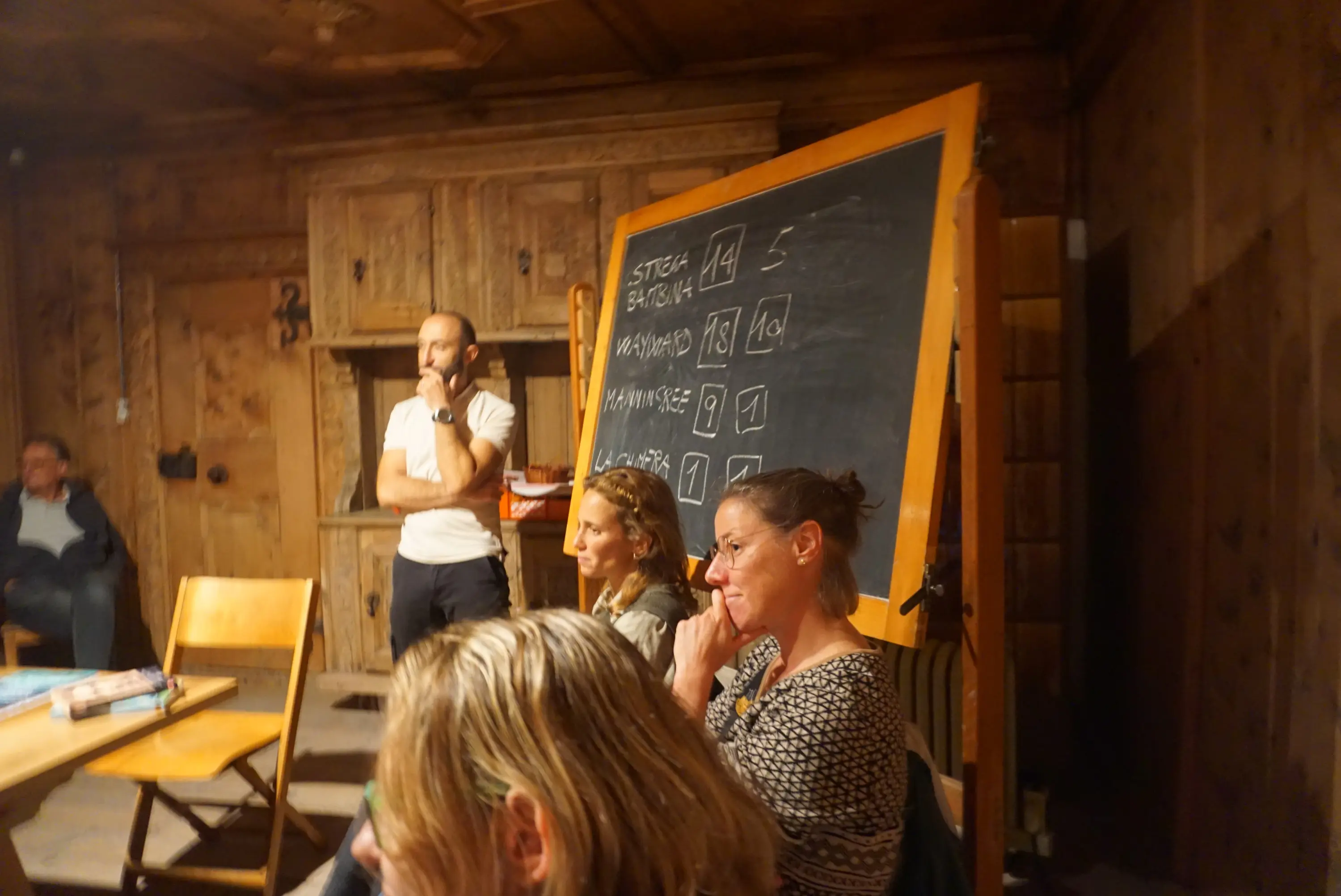 Un gruppo di persone è riunito in una stanza con pareti di legno. Un uomo in piedi accanto a una grande lavagna nera scritta in bianco, mentre due donne sedute ascoltano attentamente. Sul tavolo ci sono alcuni giochi da tavolo.