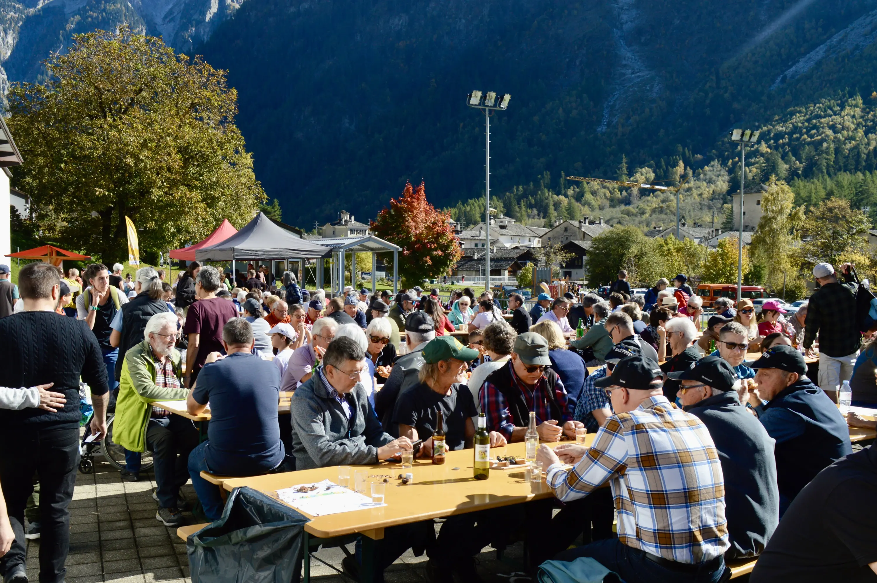 Una folla di persone sedute a lunghe tavole all'aperto, circondate da alberi e montagne. Sono intenti a conversare e a mangiare, con bottiglie di vino sui tavoli. Il sole splende su un'atmosfera festosa.