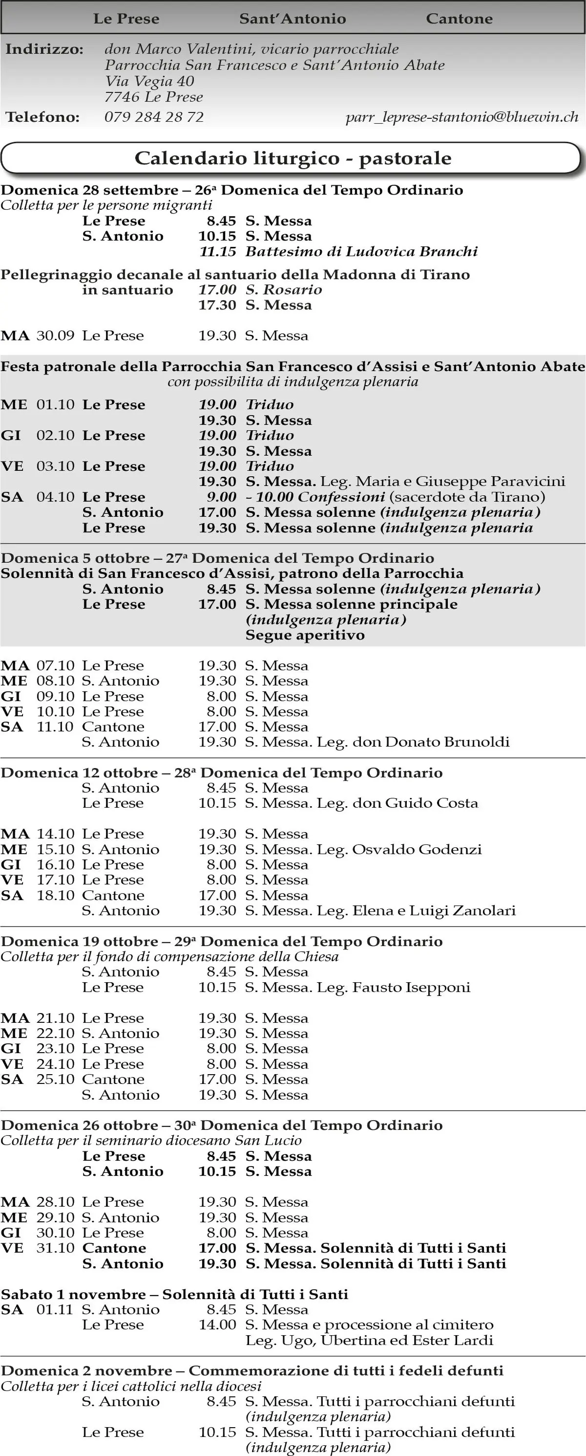 Calendario liturgico e pastorale con date, orari delle messe e informazioni su eventi religiosi per la parrocchia di San Francesco d'Assisi e Sant'Antonio Abate.