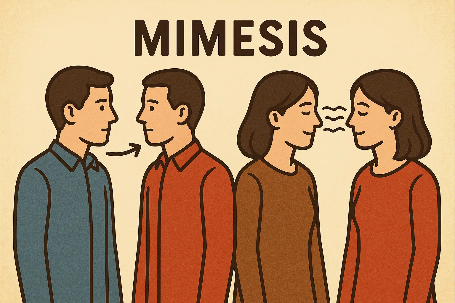 Due figure umane che si osservano e imitano l'un l'altra, con il termine "Mimesis" scritto in alto.