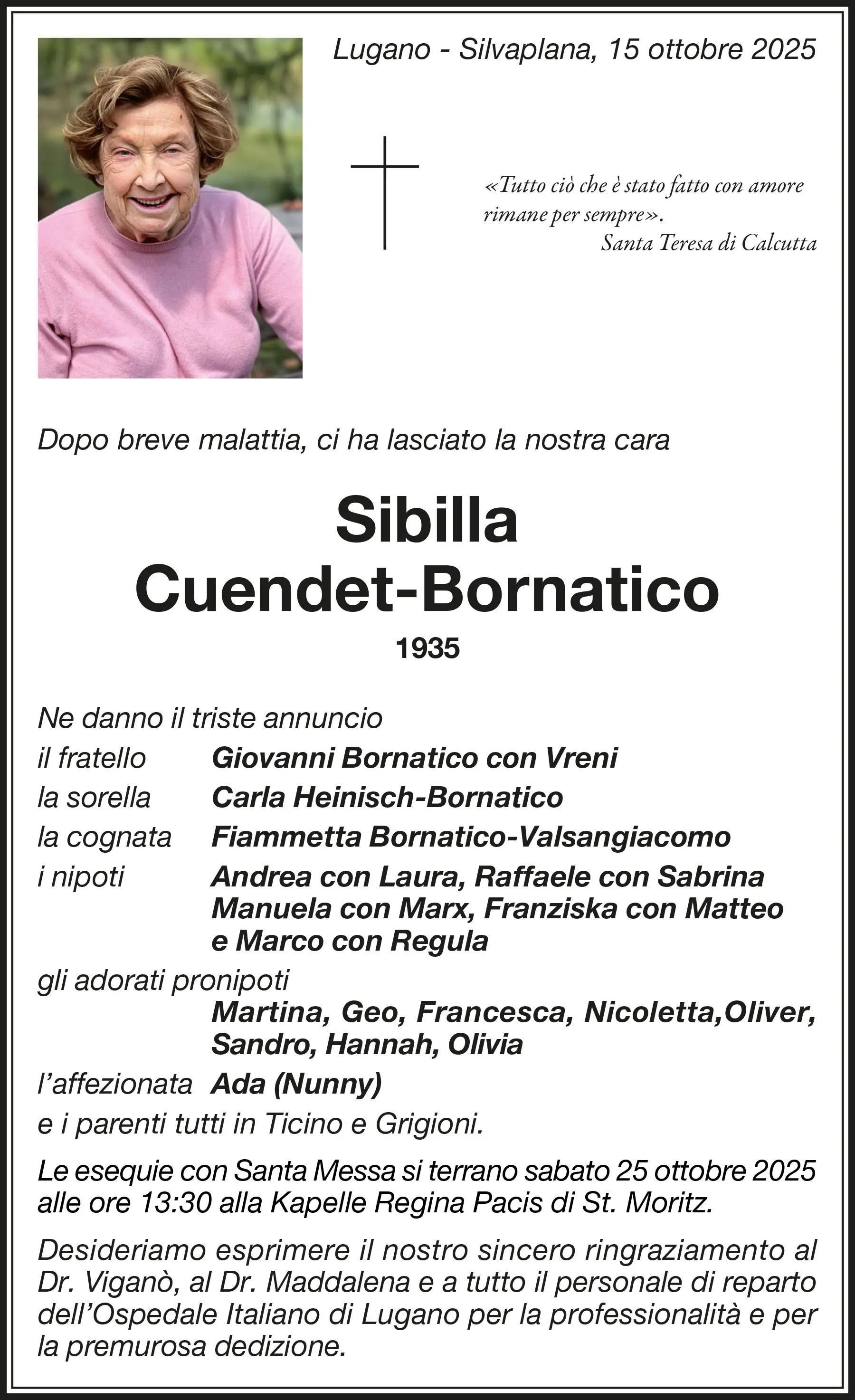 Manifesto funebre con il nome di Sibilla Cuendet-Bornatico, informazioni sulla sua vita e dettagli su funerali e commemorazioni. Include i nomi dei familiari e la data del 15 ottobre 2025.