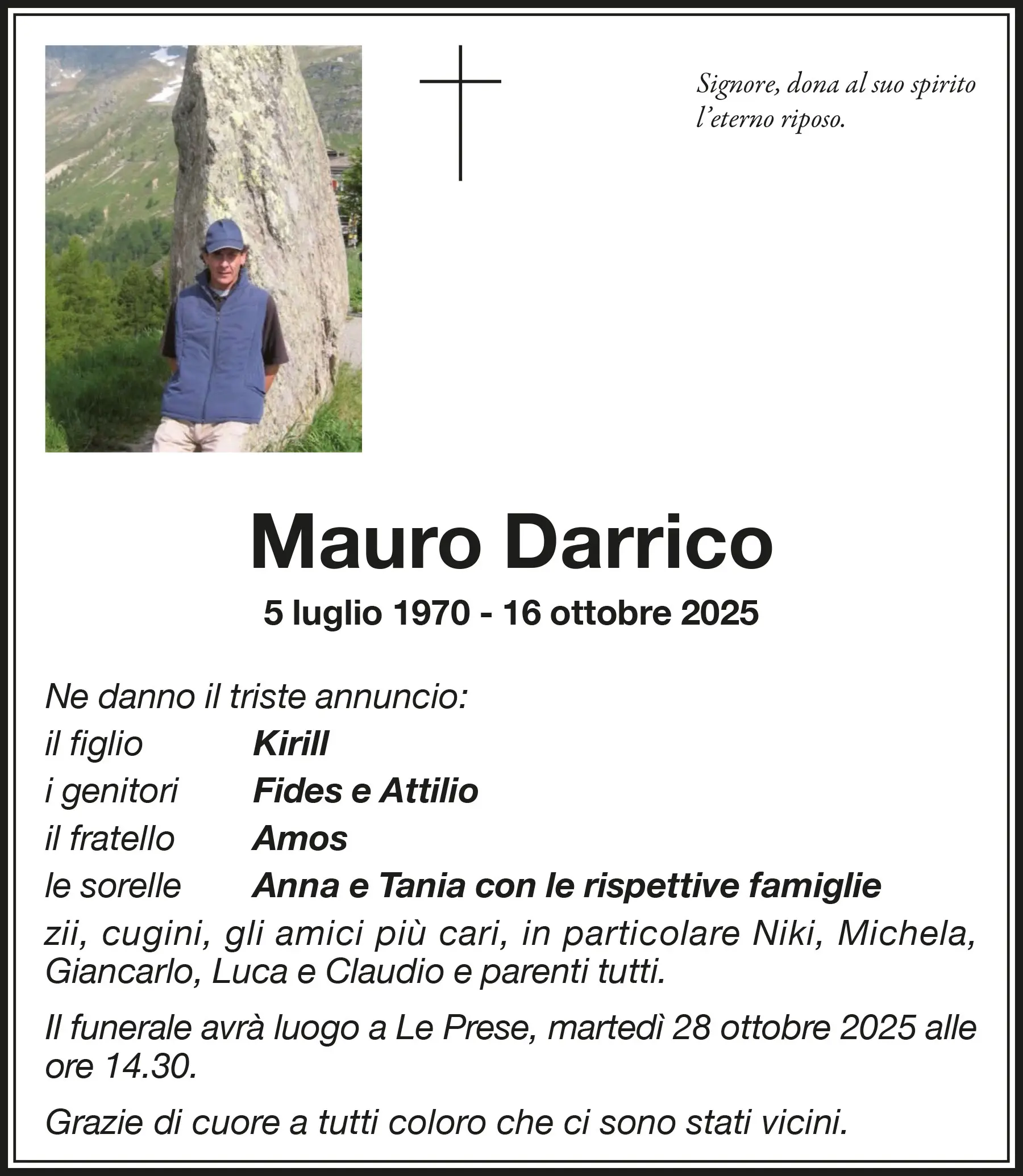 Annuncio funebre di Mauro Darrico, con dettagli sulla sua nascita e morte, e informazioni sul funerale che si svolgerà a Le Prese.