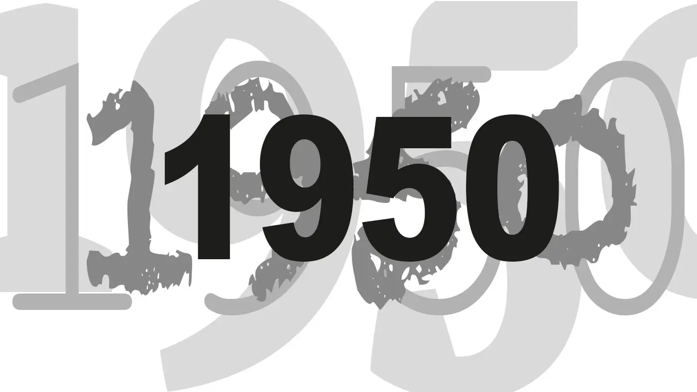 Numeri stilizzati con "1950" in primo piano, in carattere spesso e nero, su uno sfondo grigio sfumato.