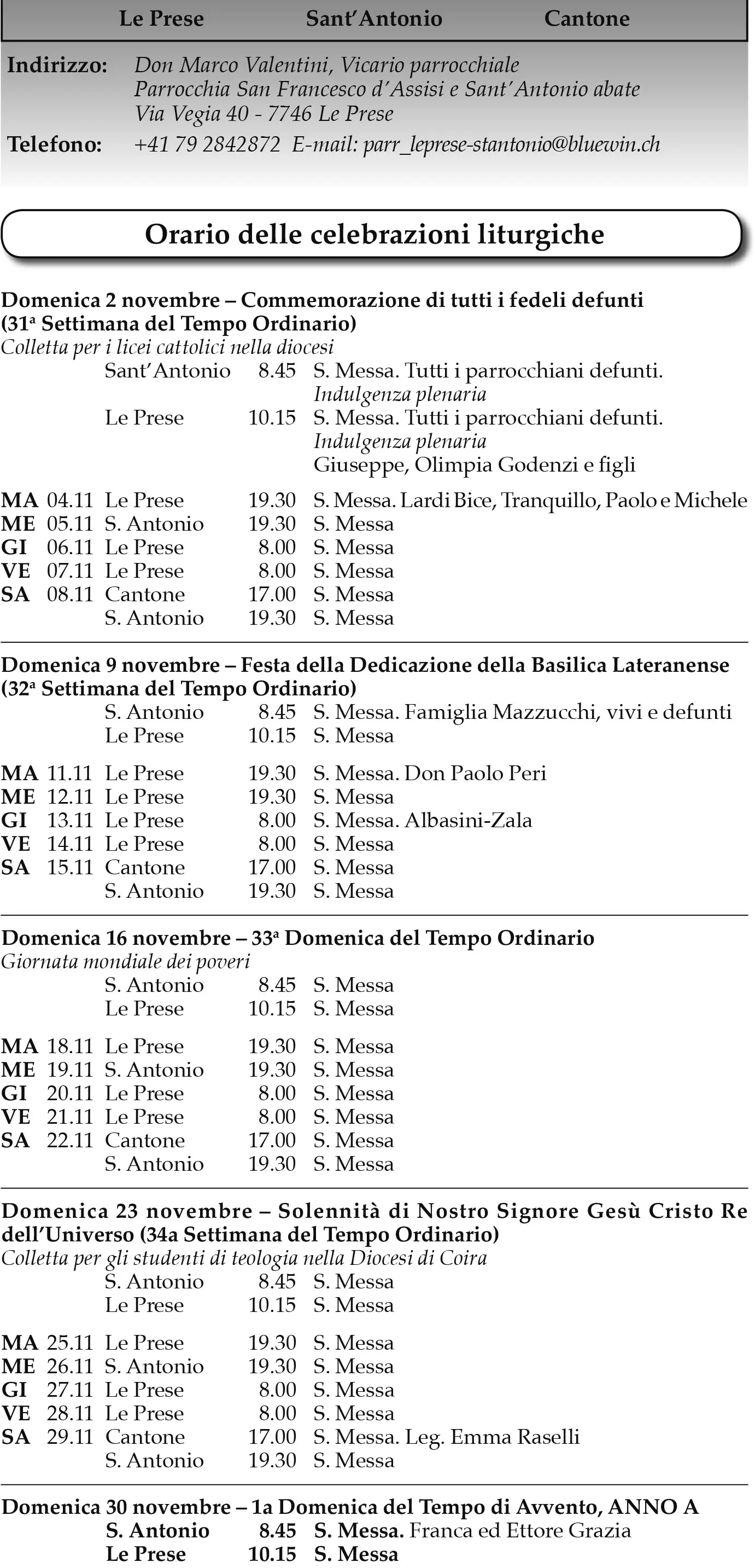 Orario delle celebrazioni liturgiche per il mese di novembre, con dettagli su messe e commemorazioni per tutti i fedeli defunti, incluse date e orari specifici per
