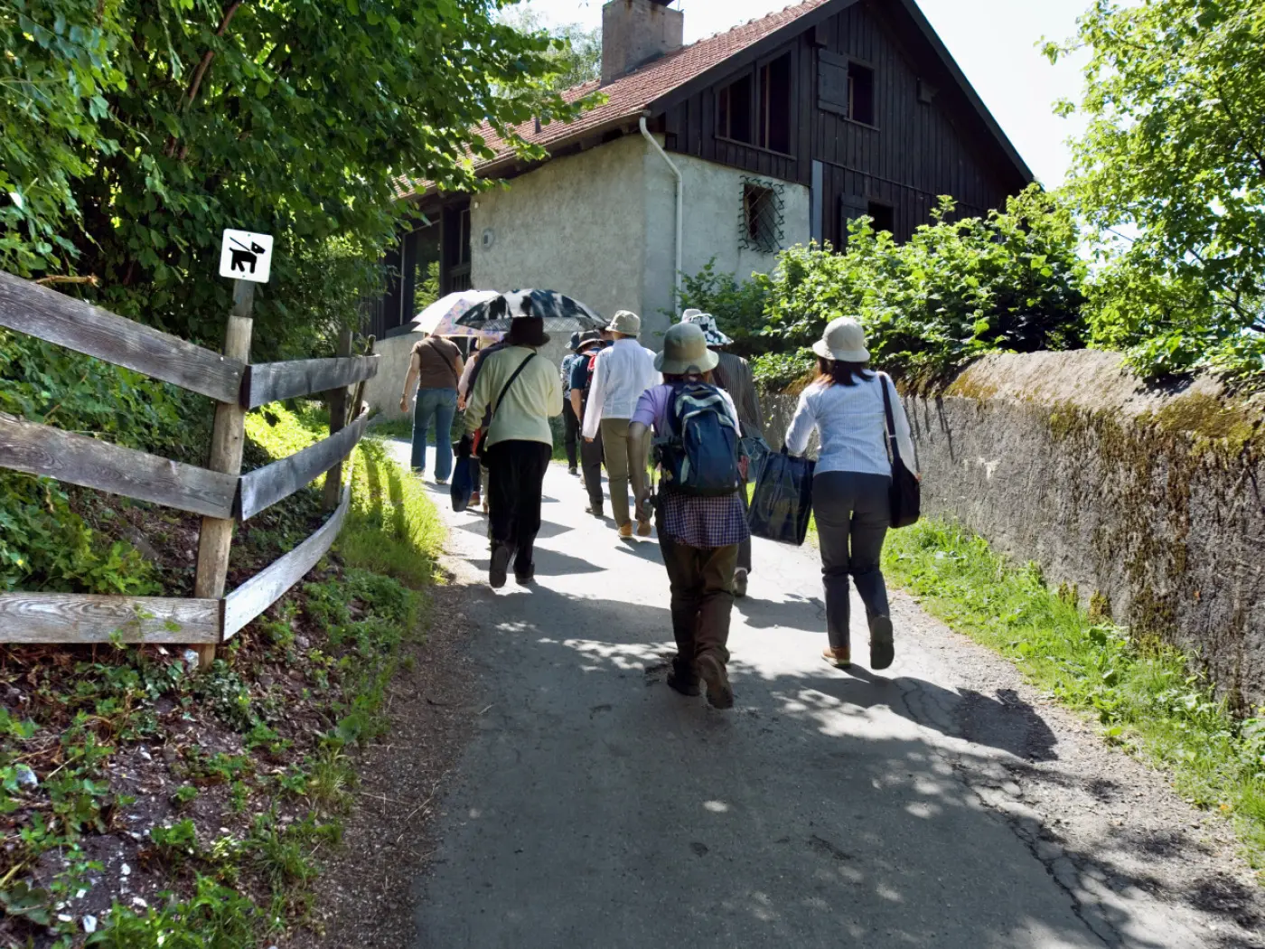 Un gruppo di persone cammina lungo un sentiero, dirigendosi verso una casa di campagna. Alcuni portano ombrelli e cappelli per ripararsi dal sole. Una rec