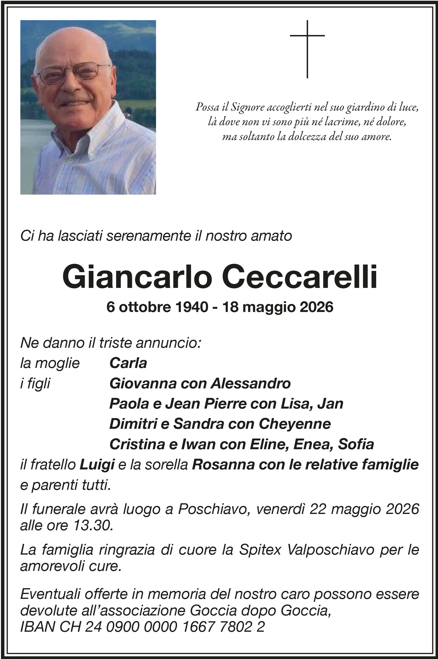 Annuncio funebre per Giancarlo Ceccarelli, con informazioni sulla data di nascita e morte, e dettagli sui familiari e sul funerale che si terr&agrave; a Poschi