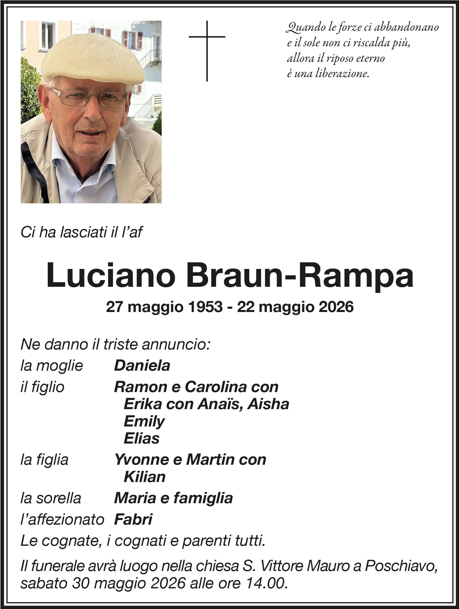 Annuncio funebre di Luciano Braun-Rampa. Include foto di un uomo anziano con berretto e occhiali. Elenco di familiari e date di nascita e morte. Ind