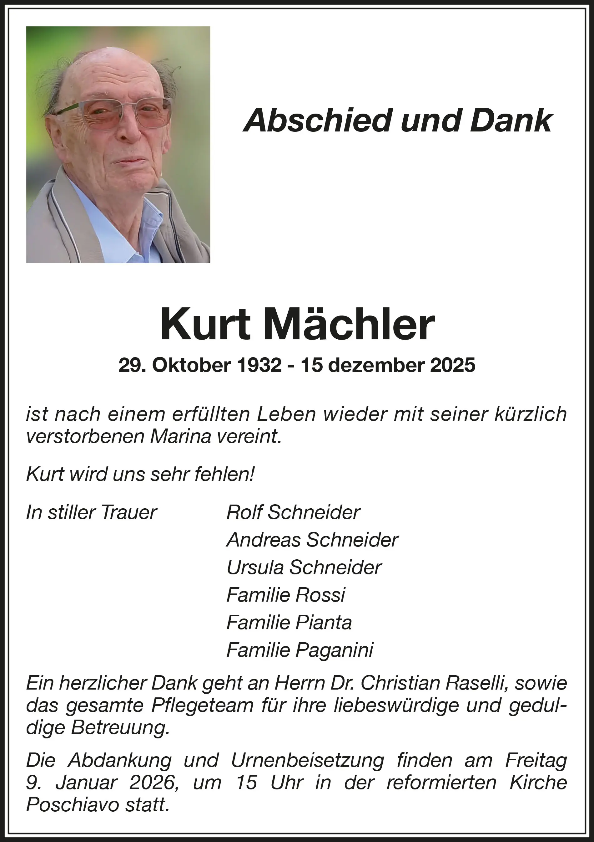 Annuncio di addio e gratitudine per Kurt M&auml;chler, nato il 29 ottobre 1932 e deceduto il 15 dicembre 2025. Include i nomi delle persone