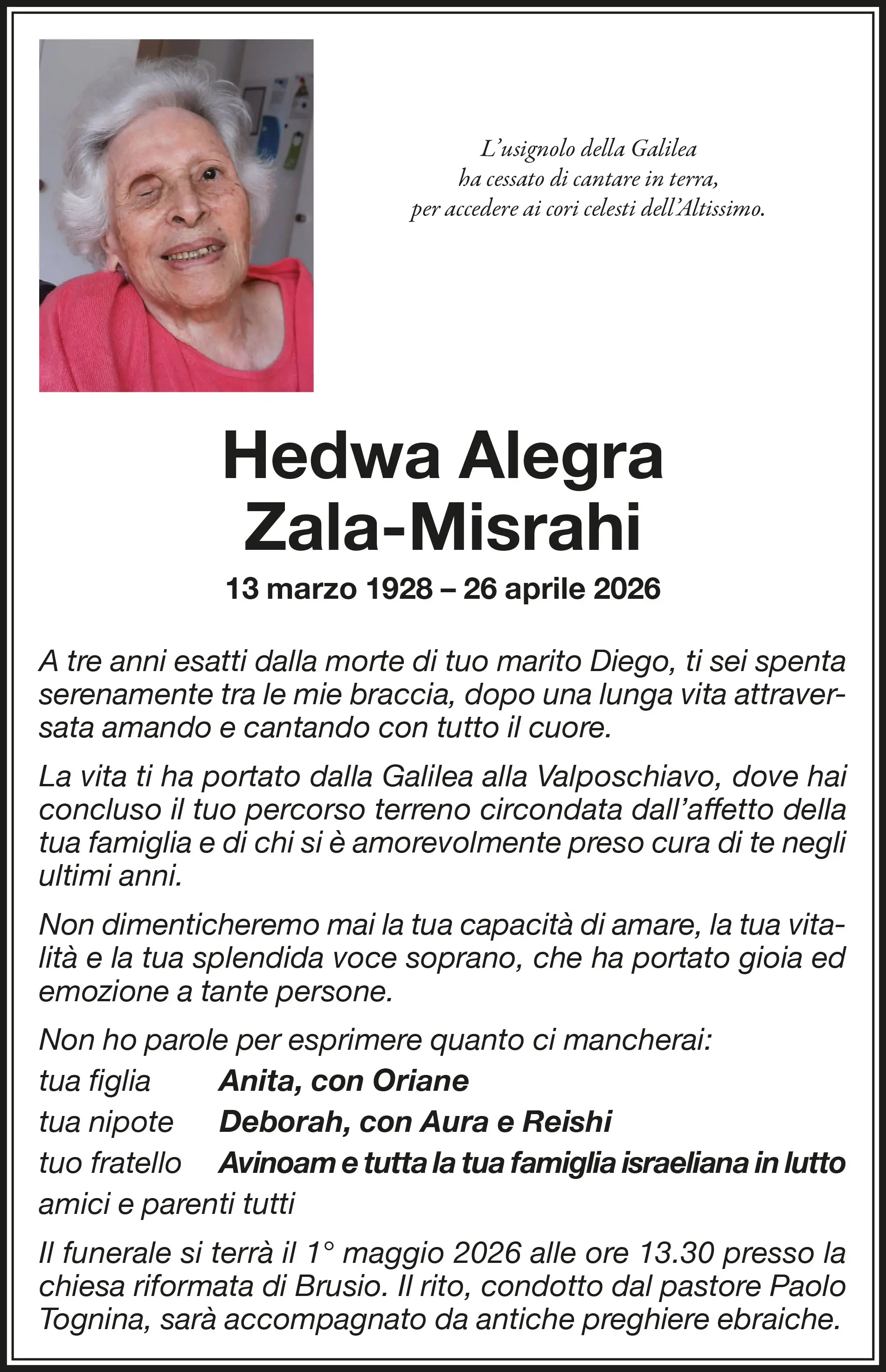 Tributo a Hedwa Alegra Zala-Misrahi, con dettagli sulla sua vita, affetto per la famiglia e attitudini artistiche. Include date significative e un elenco dei