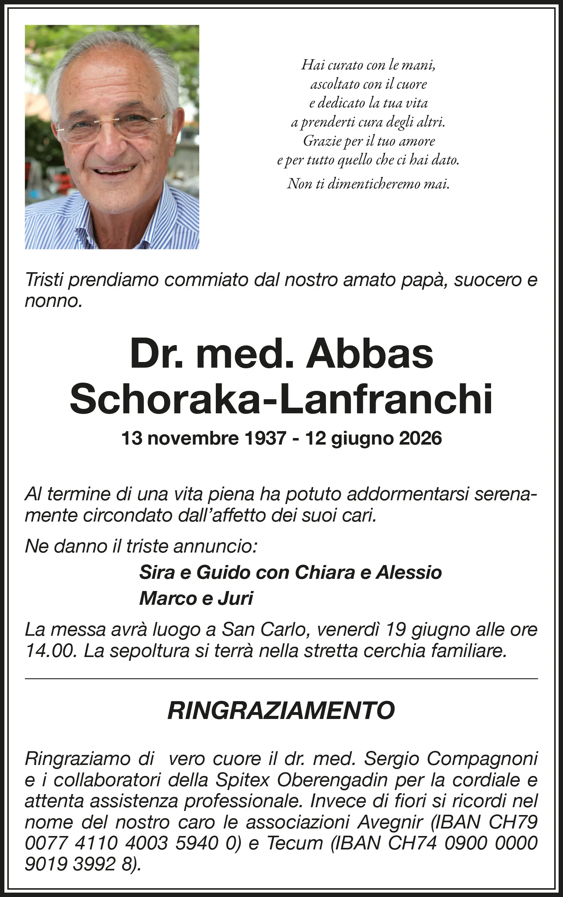Annuncio funebre di Dr. med. Abbas Schoraka-Lanfrachi, con date di nascita e morte. Messaggi di commemorazione e dettagli sul funerale. Ringrazi