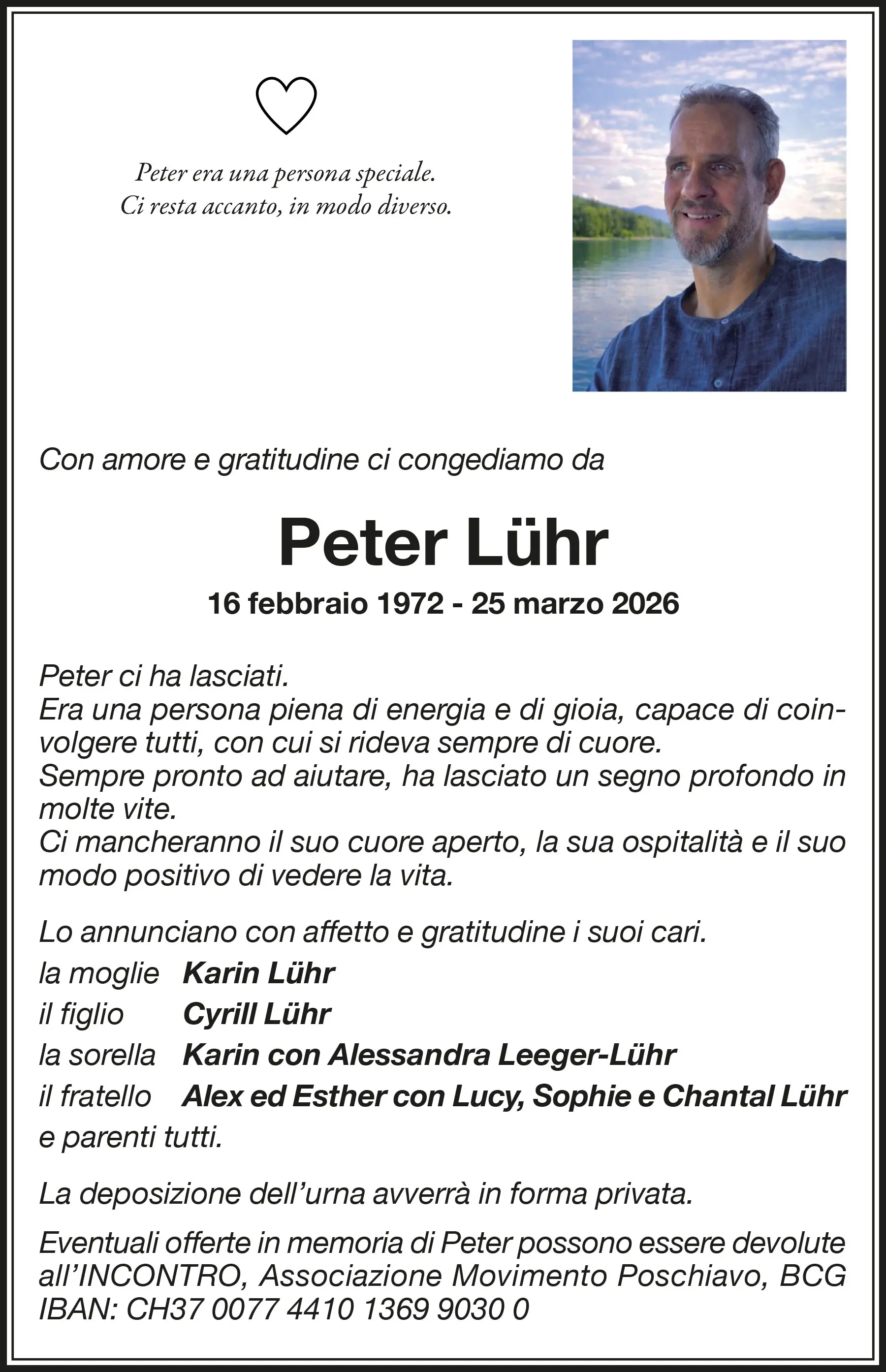 Tributo commemorativo per Peter L&uuml;hr, nato il 16 febbraio 1972 e deceduto il 25 marzo 2026. Il testo esprime amore e gratitudine da parte della