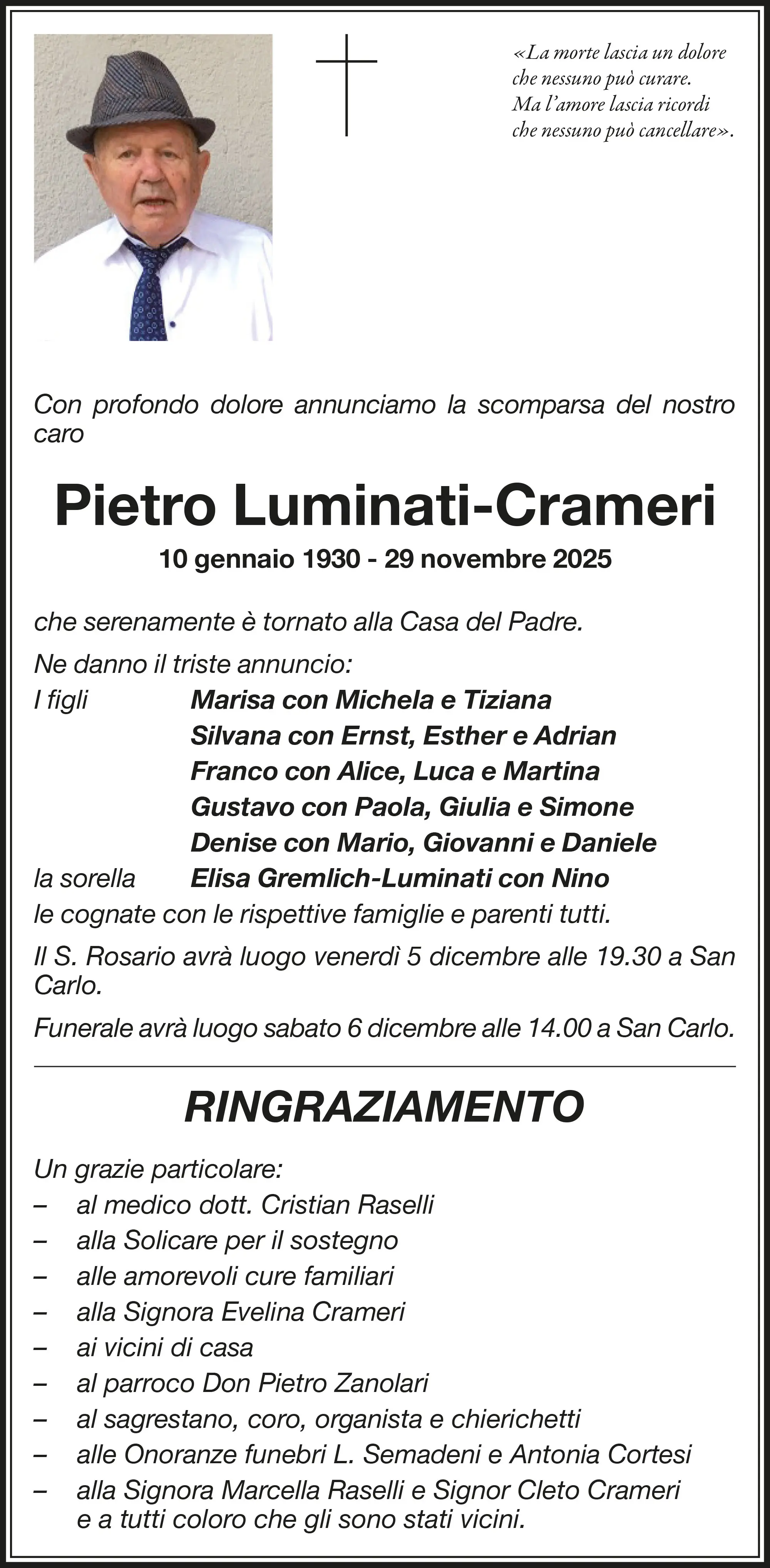 Annuncio funebre di Pietro Luminati-Crameri, nato il 10 gennaio 1930 e scomparso il 29 novembre 2025. Include i nomi dei figli