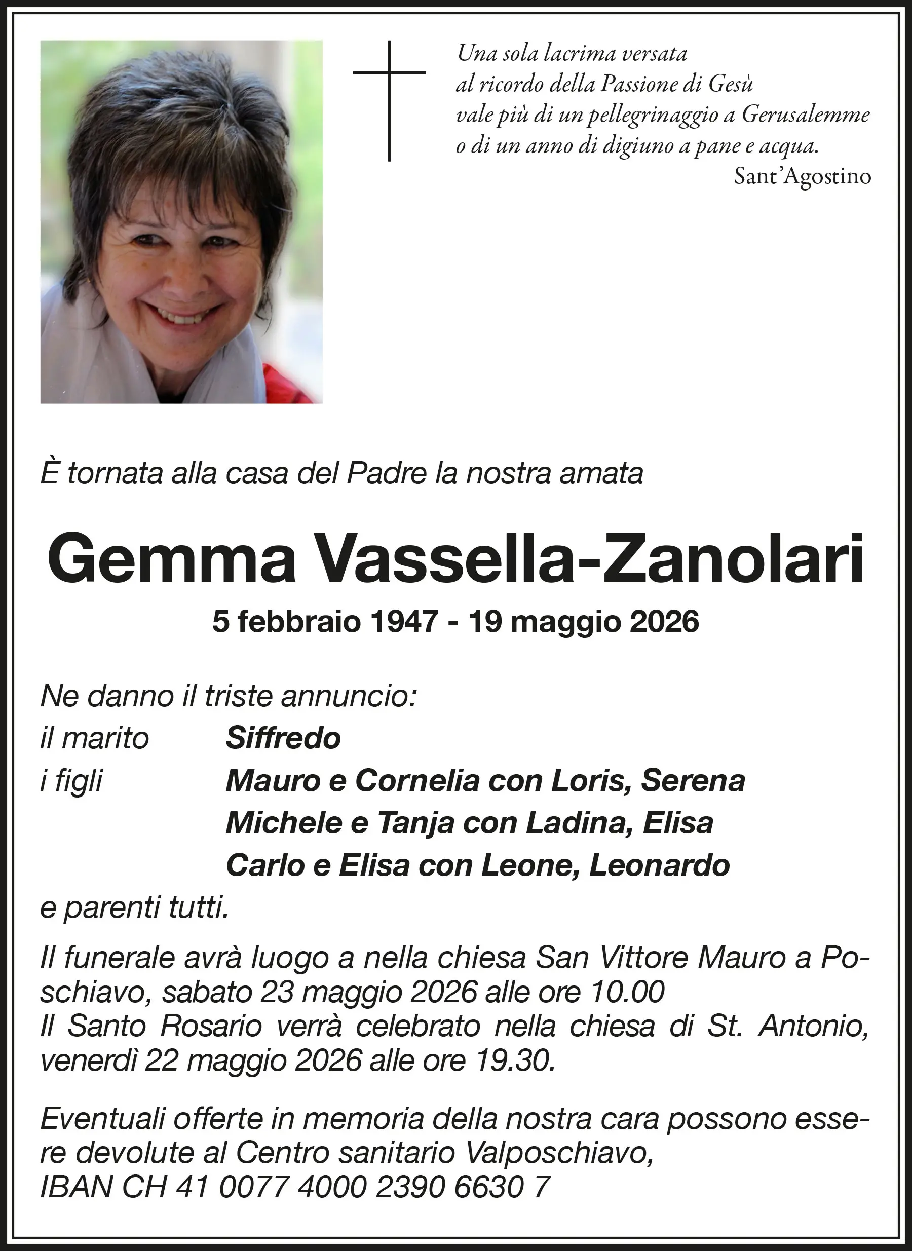 Annuncio funebre per Gemma Vassella-Zanolari, con dettagli sulla sua vita, famiglia e il funerale.