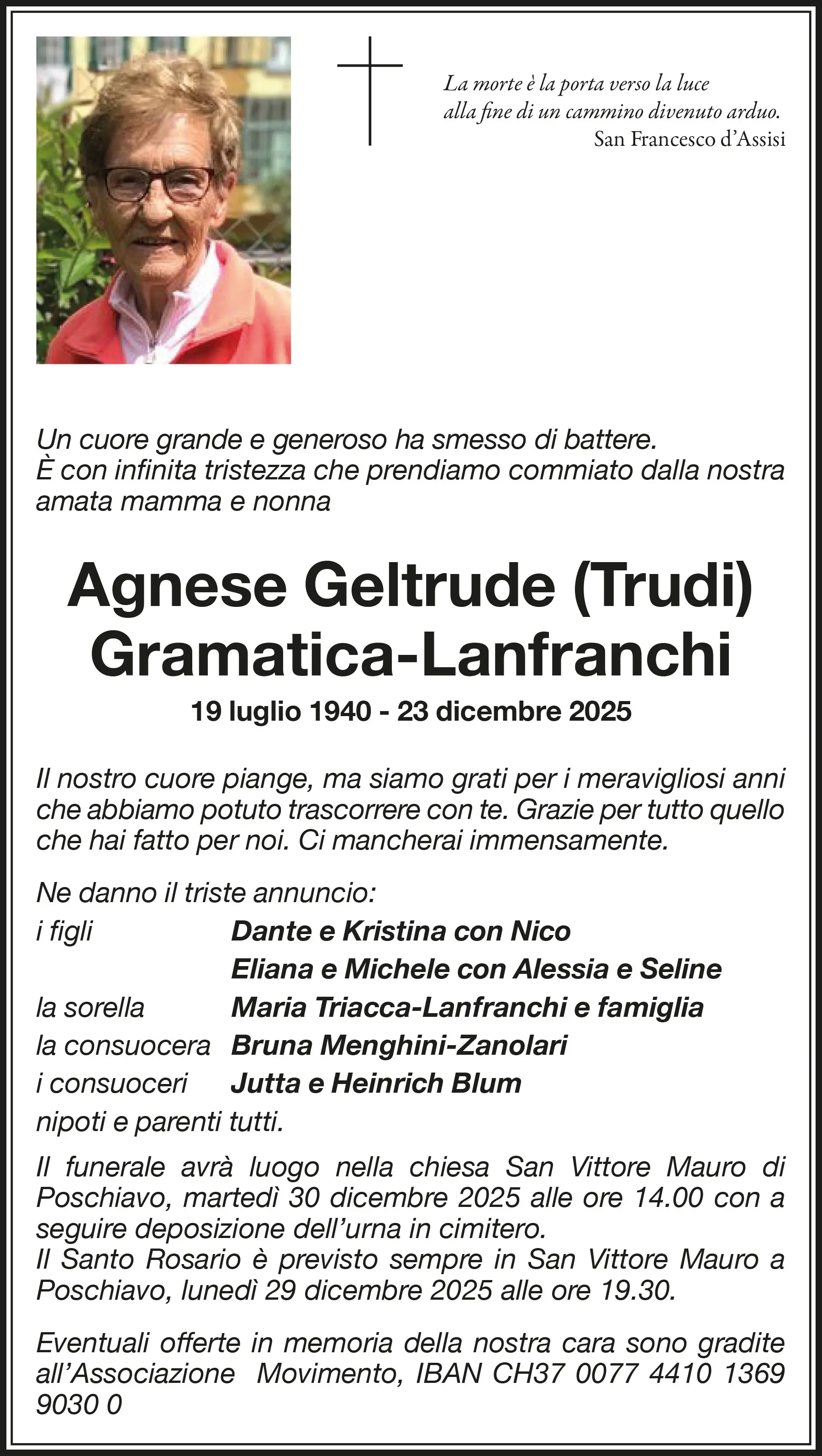 Annuncio funebre di Agnese Geltrude Grammatica-Lanfranchi, con dati biografici, dettagli sui familiari e un messaggio di commiato. Include