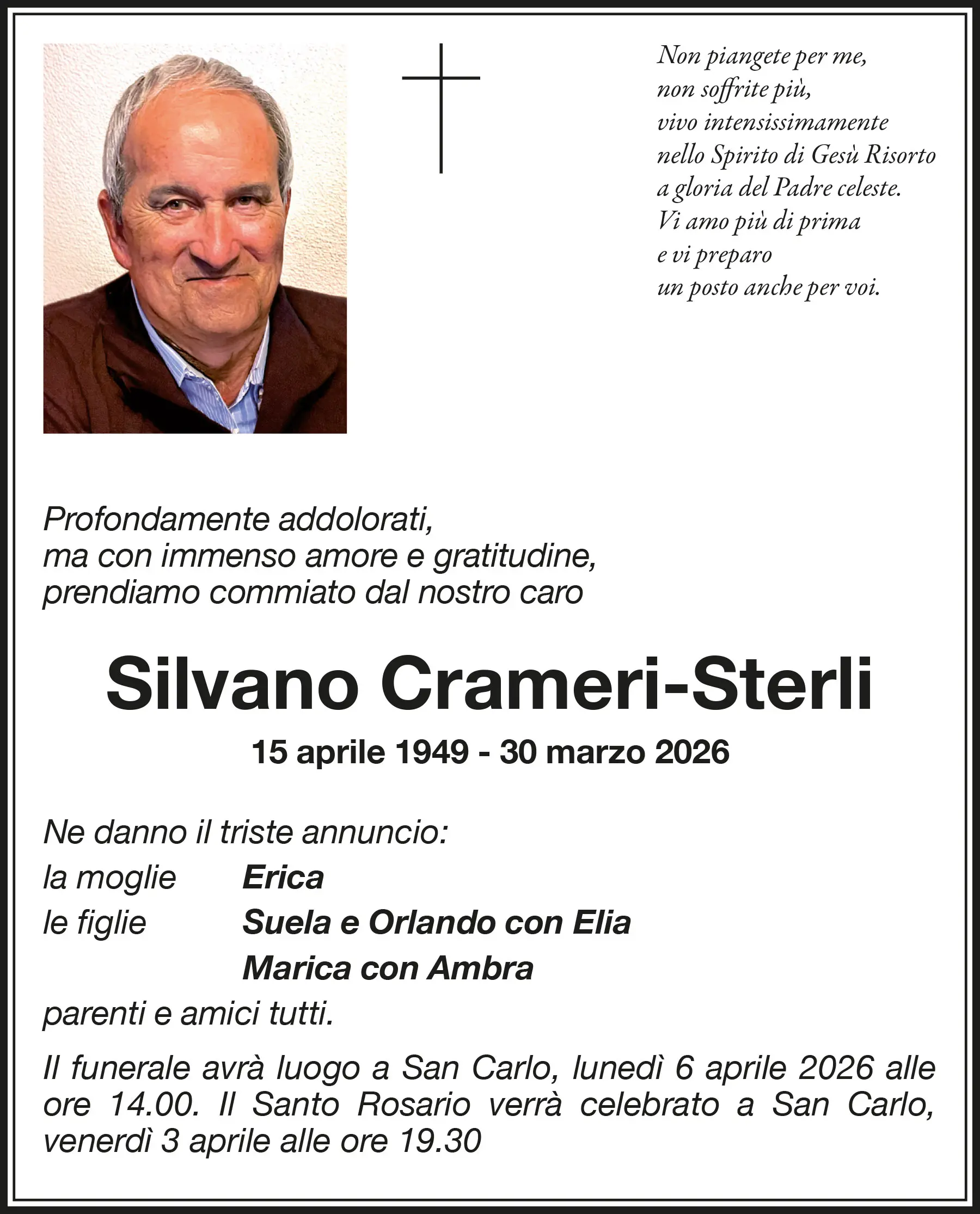 Annuncio di lutto per Silvano Crameri-Sterli, con foto. Il testo comunica la data di nascita e morte, ricorda la moglie, le figlie e informa
