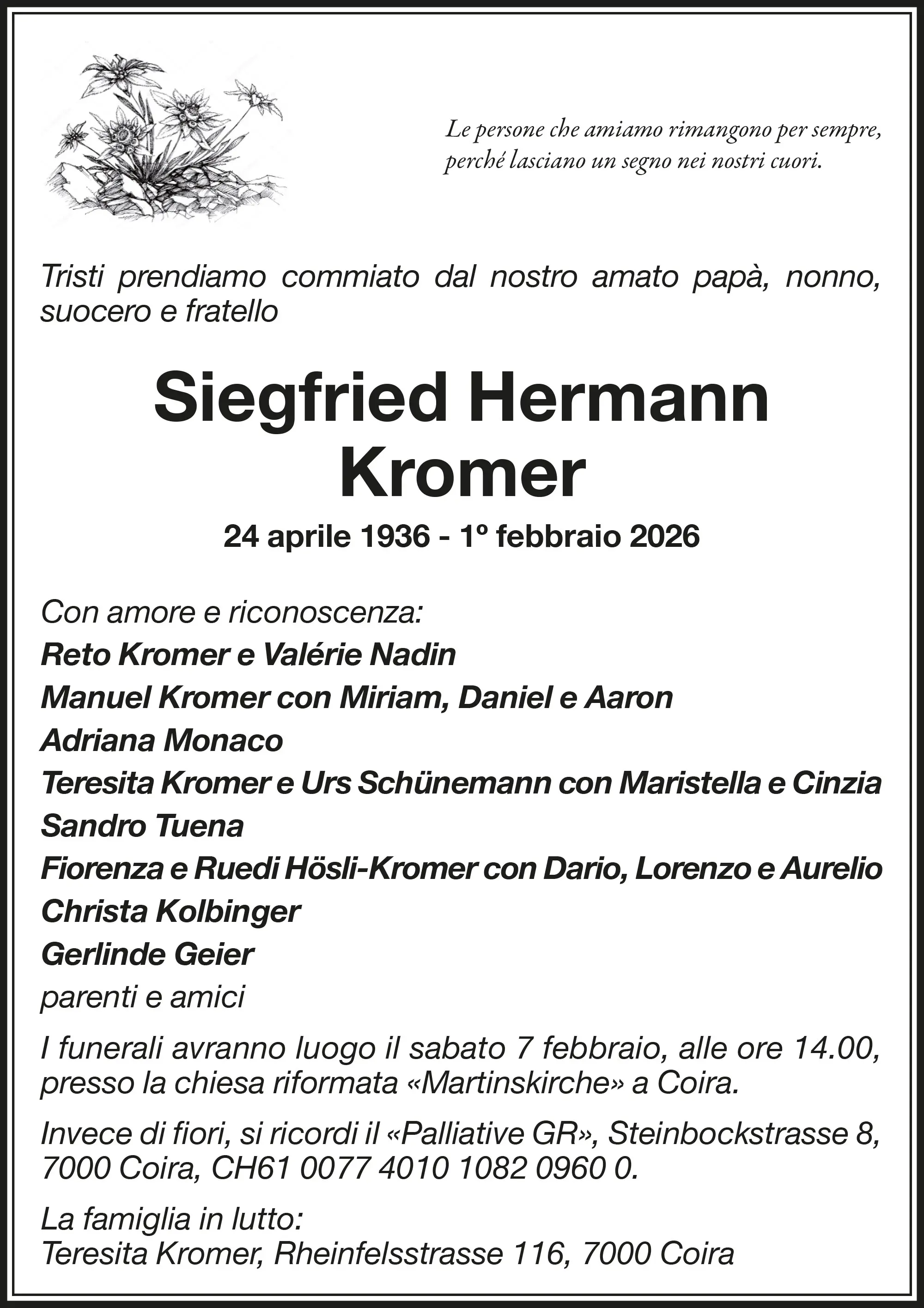 Annuncio di lutto per Siegfried Hermann Kromer, nato il 24 aprile 1936 e deceduto il 1&deg; febbraio 2026, con i nomi dei