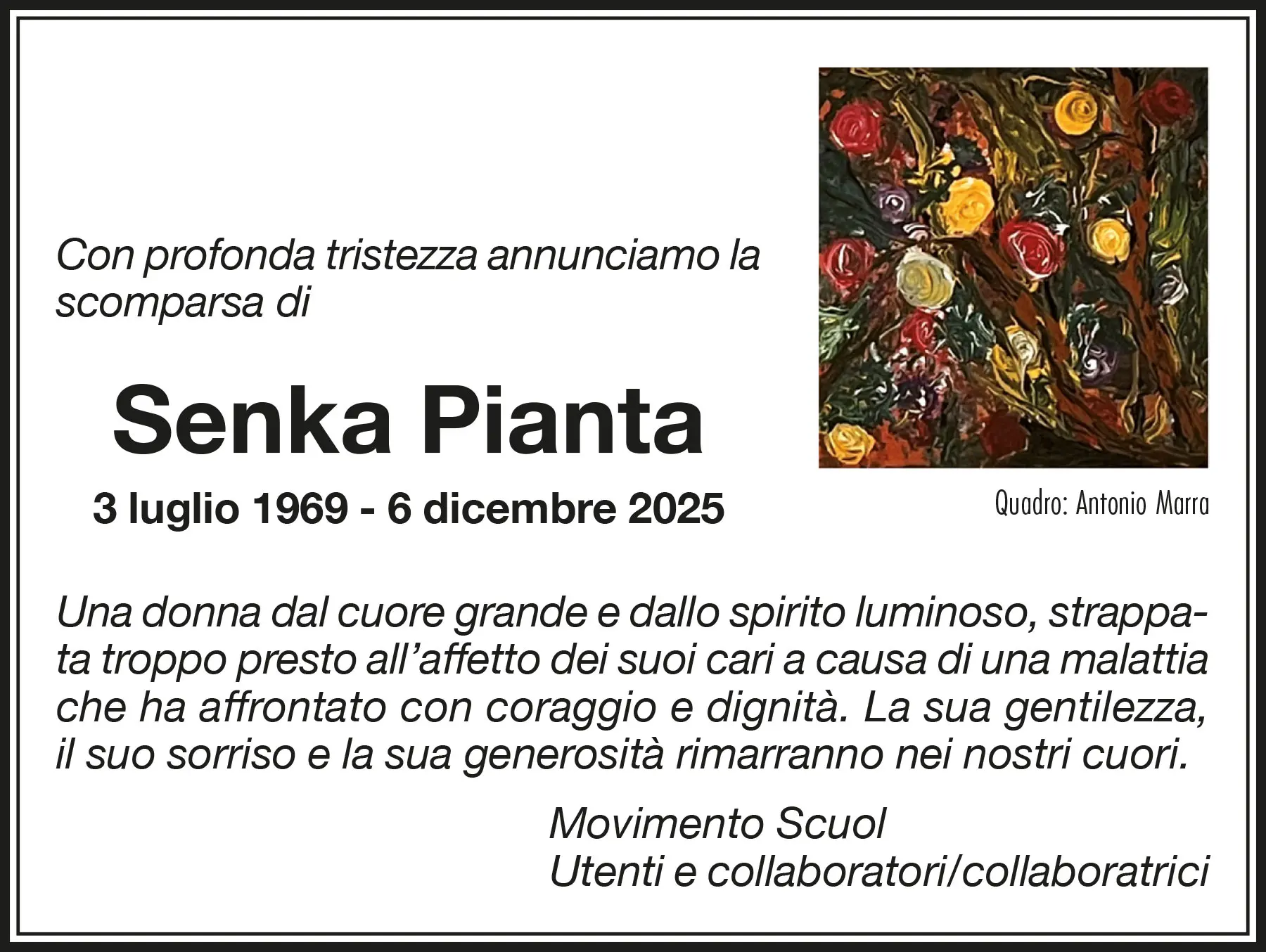 Annuncio della scomparsa di Senka Pianta, con date della nascita e della morte. L'immagine include un quadro di Antonio Marra e un messaggio di cordoglio che es