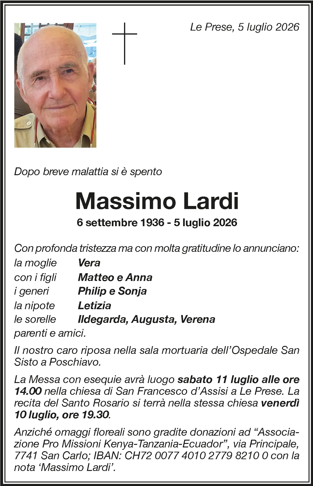 Annuncio di lutto per Massimo Lardi, con dettagli sulla cerimonia funebre e informazioni sui familiari. Data: 5 luglio 2026.