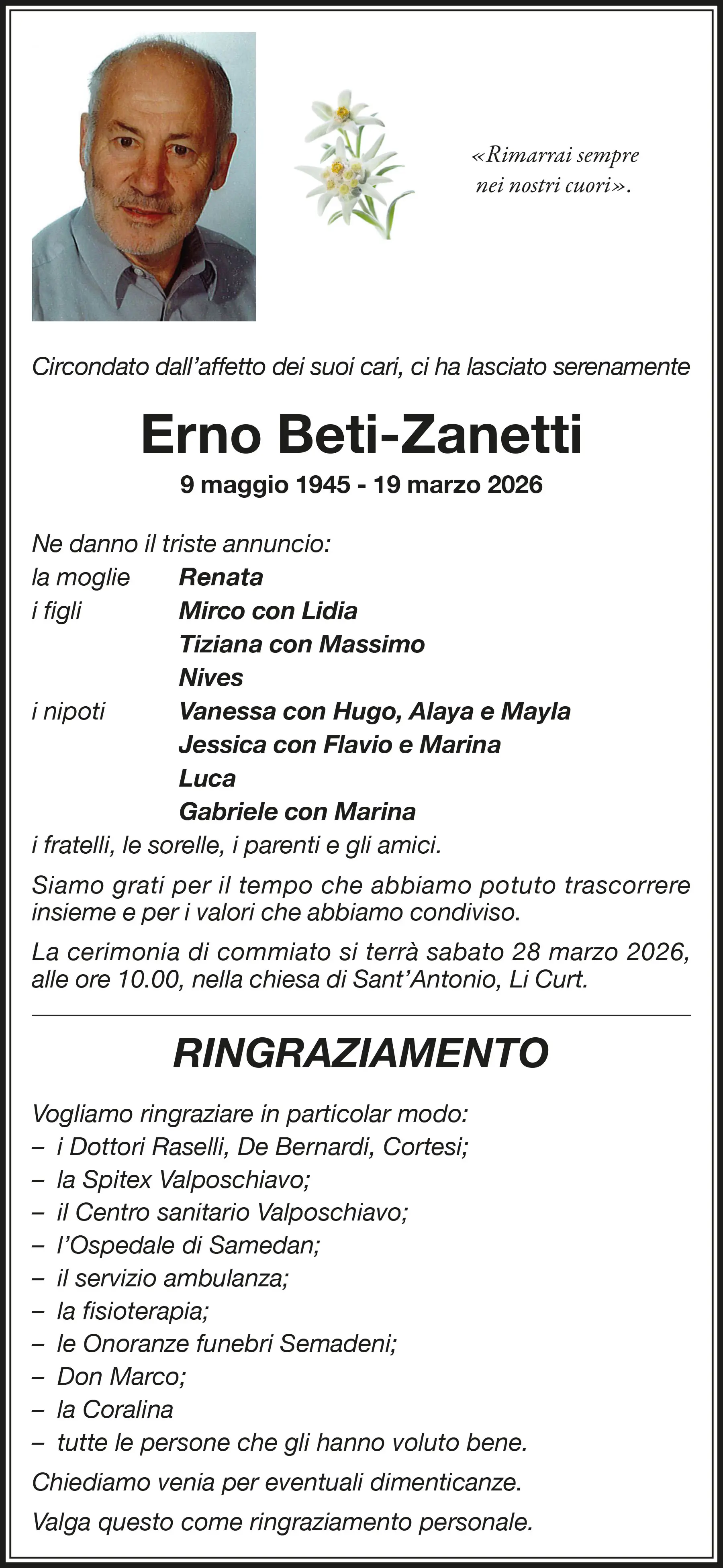 Un annuncio di lutto per Erno Beti-Zanetti, con la foto di un uomo sorridente e i dettagli della sua vita, come il nome dei familiari e le date di