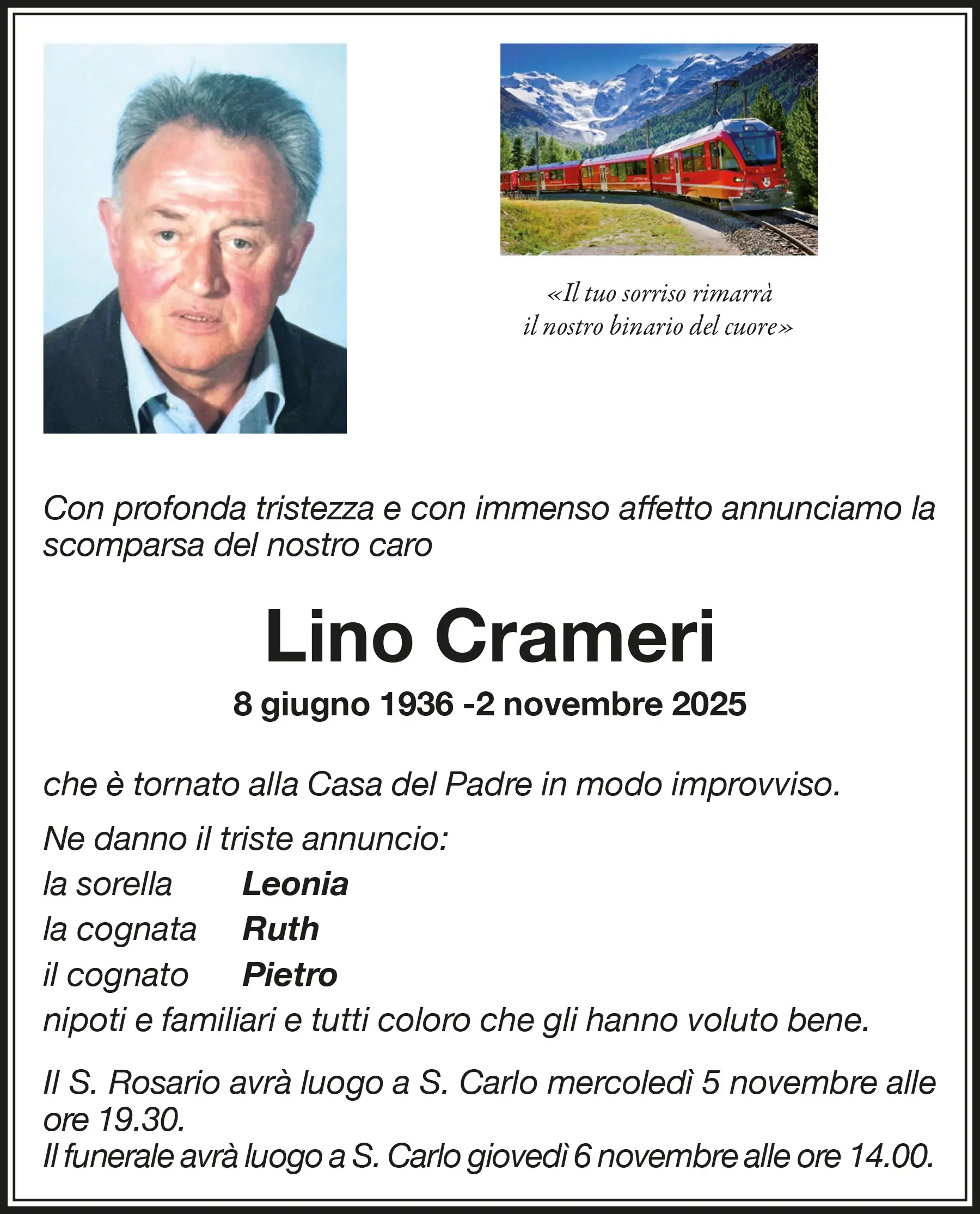 Annuncio funebre di Lino Crameri, 1936-2025. Include una foto di Lino, date di nascita e morte, e i nomi dei familiari. Indica i dettagli del rosario e del funerale.
