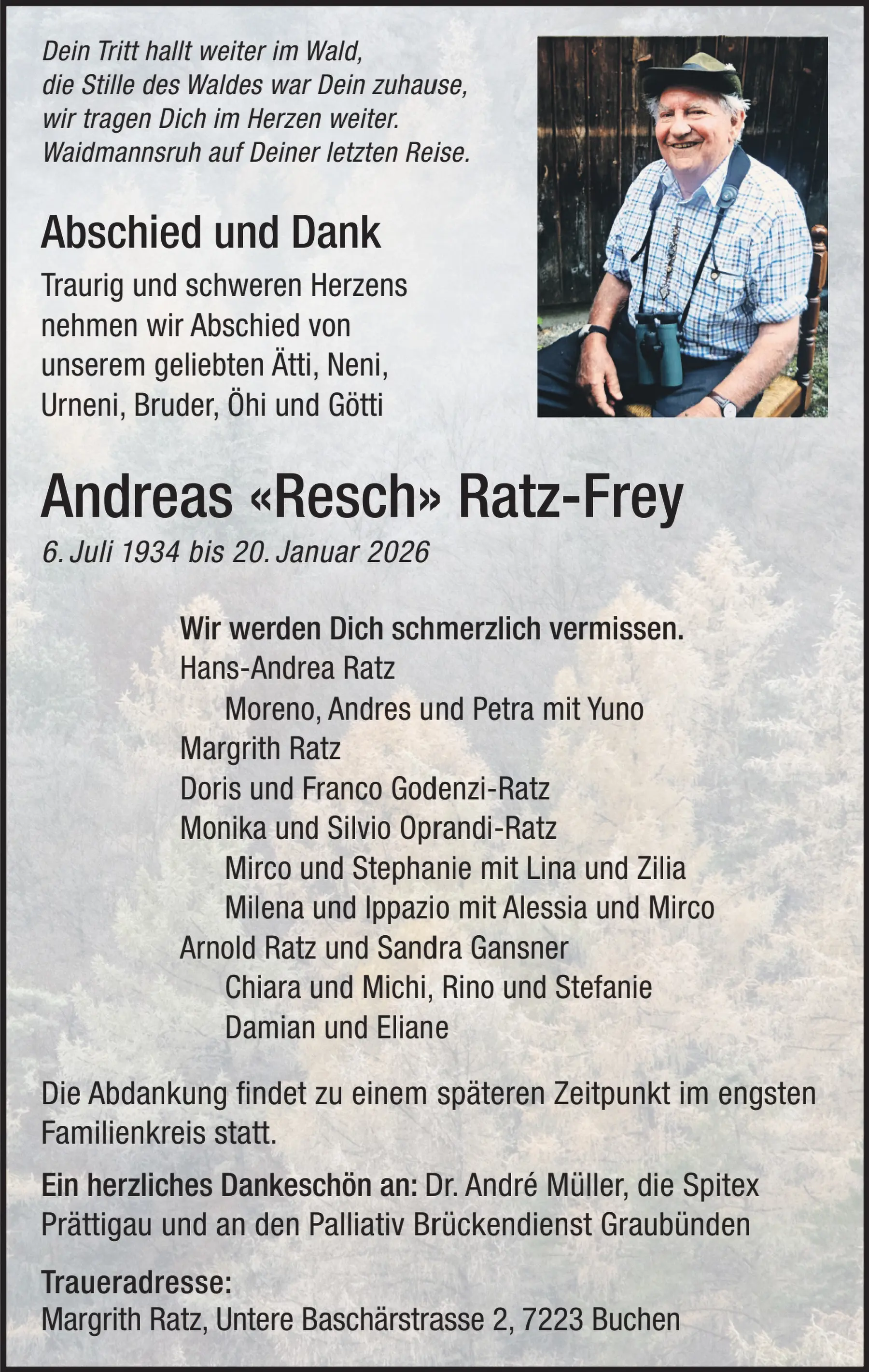 Tributo commemorativo per Andreas "Resch" Ratz-Frey, con foto e testi di addio da familiari e amici. Indica le date di nascita e morte, esprim