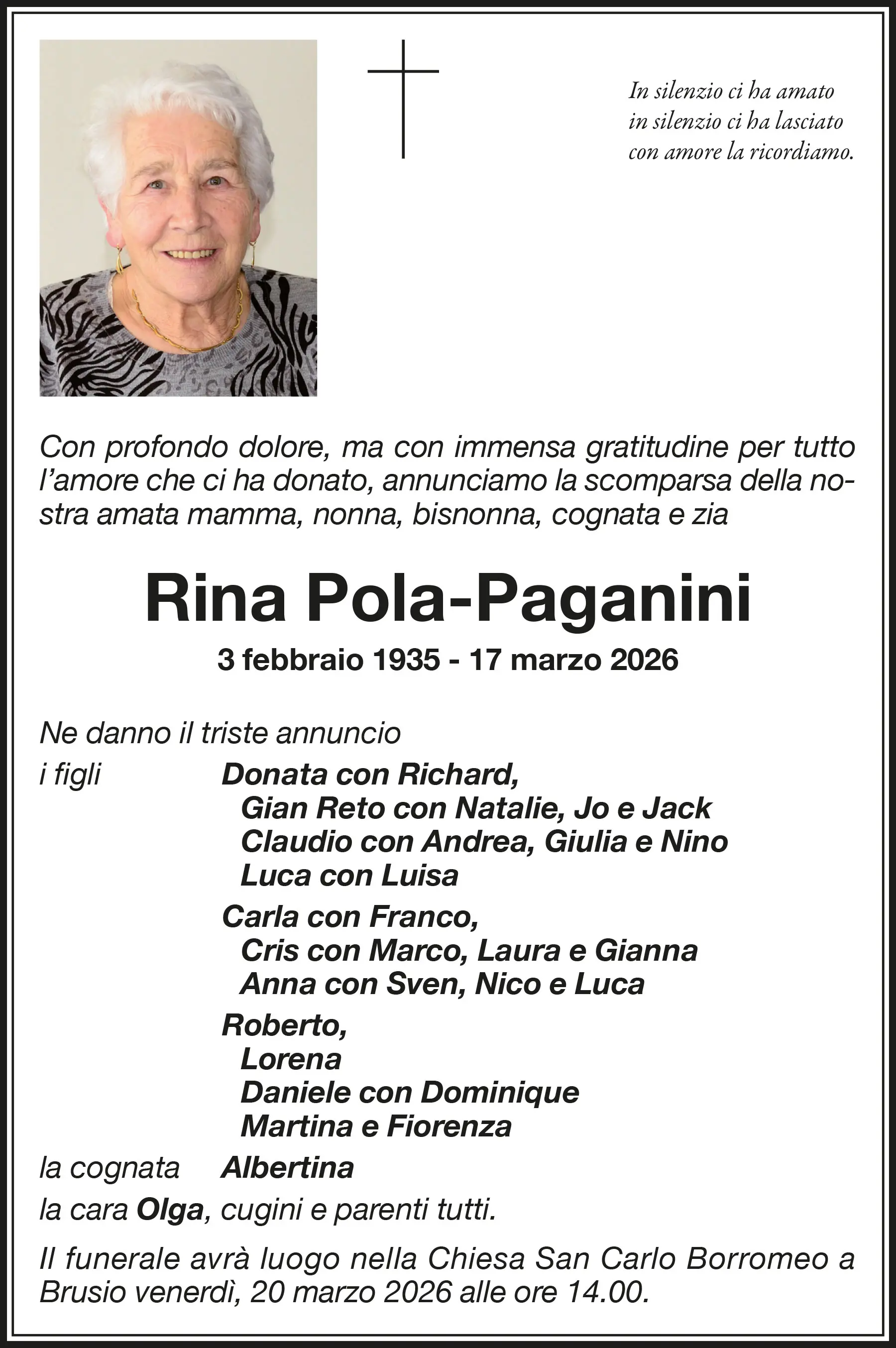 Annuncio funebre di Rina Pola-Paganini, deceduta il 17 marzo 2026. Include i nomi dei familiari e le informazioni sul funerale.