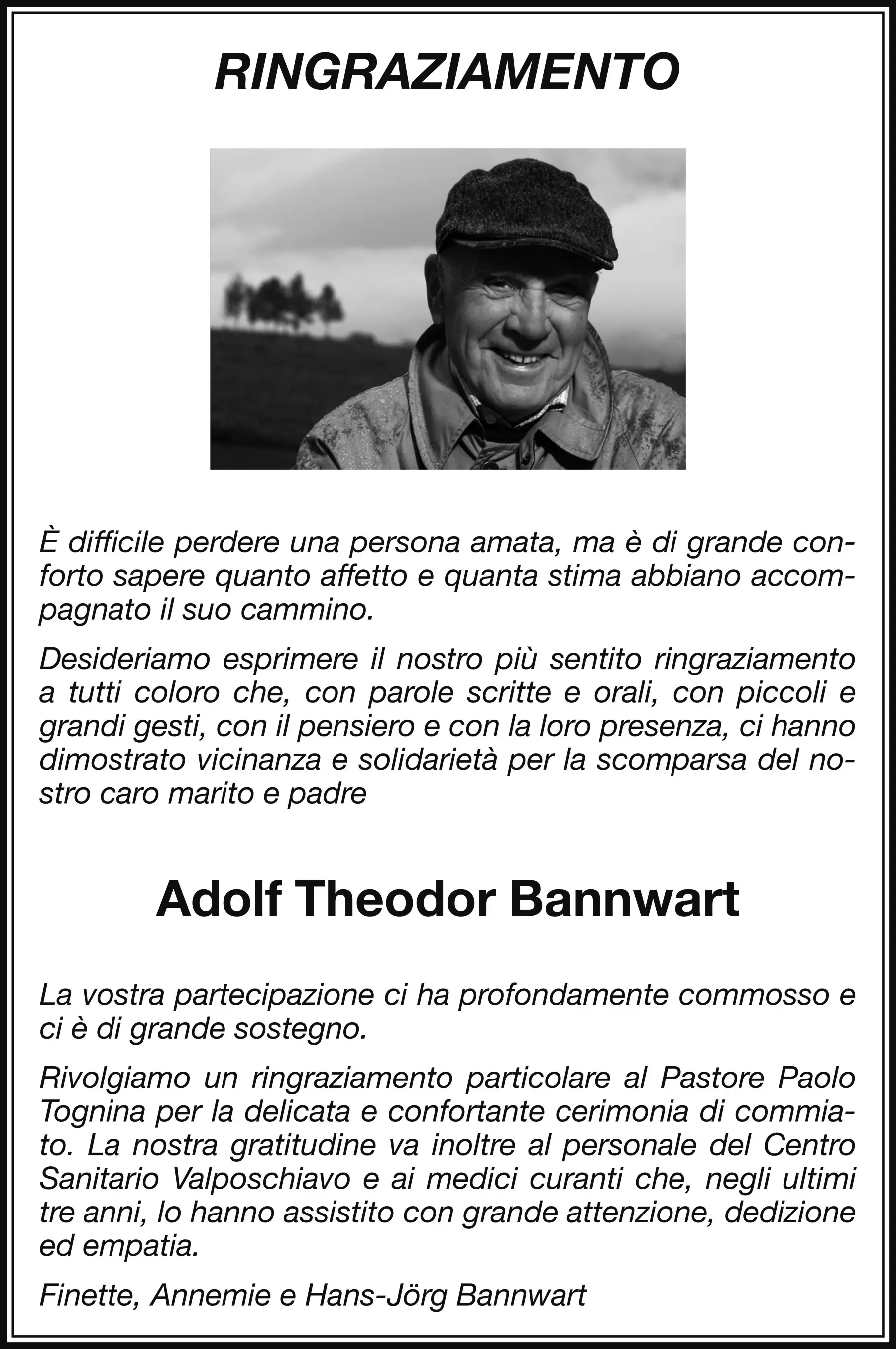 Un manifesto di ringraziamento con testo in italiano. Espressa gratitudine a chi ha offerto supporto e solidariet&agrave; in un momento di lutto, menzionando specificamente Adolf Theodor