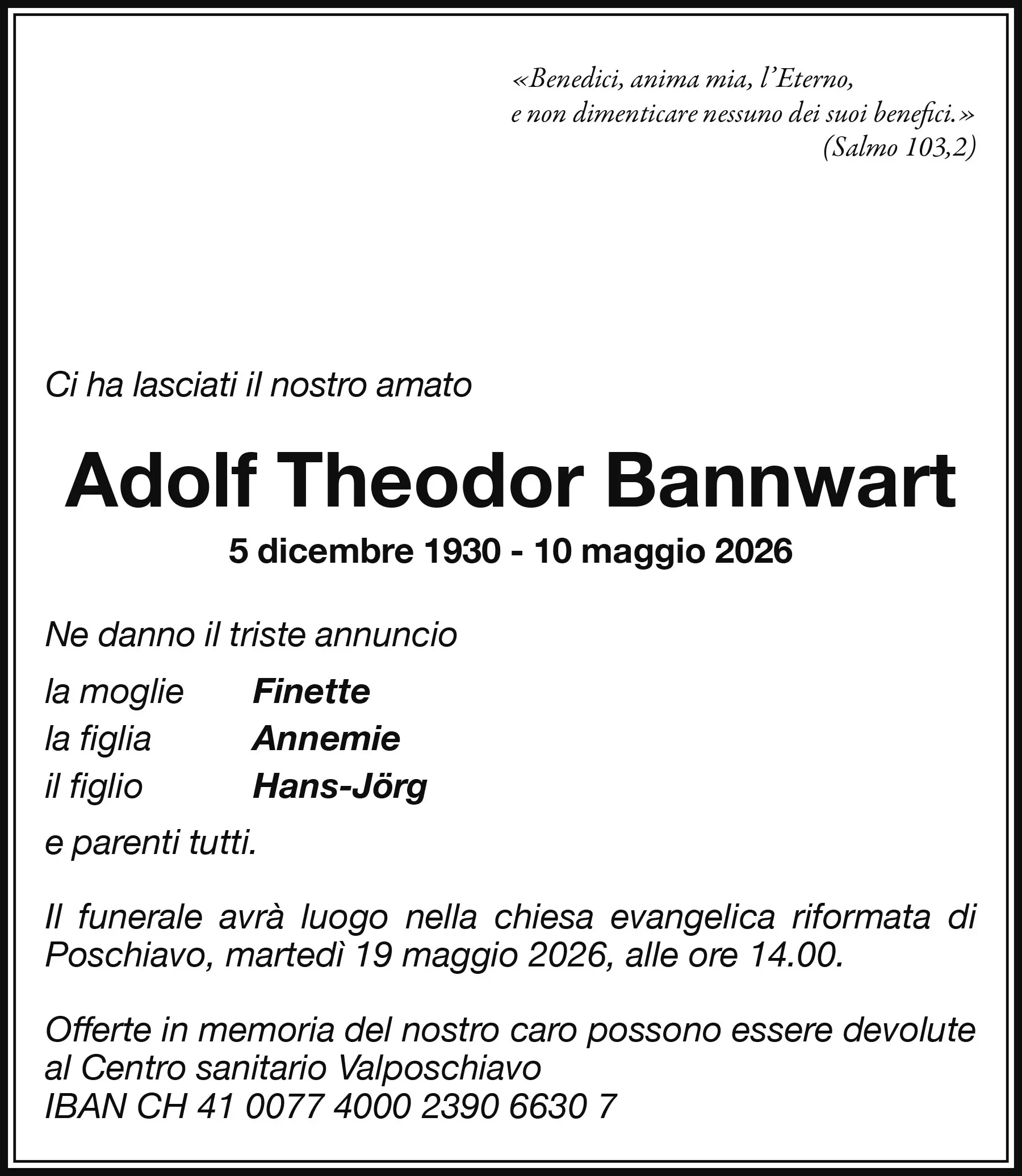 Annuncio funebre per Adolf Theodor Bannwart, con le date di nascita e morte, e i nomi dei familiari. Dettagli sulla cerimonia funebre programm