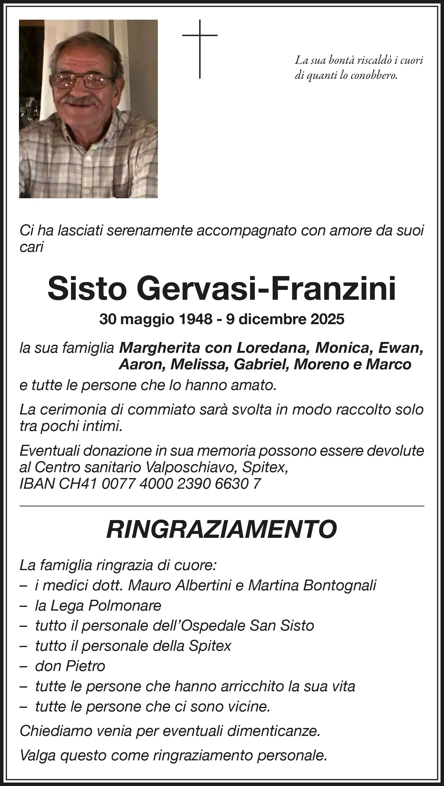 Tributo in memoria di Sisto Gervasi-Franzini, con date di nascita e morte, circondato da un messaggio di cordoglio dalla sua famiglia e istruzioni per don