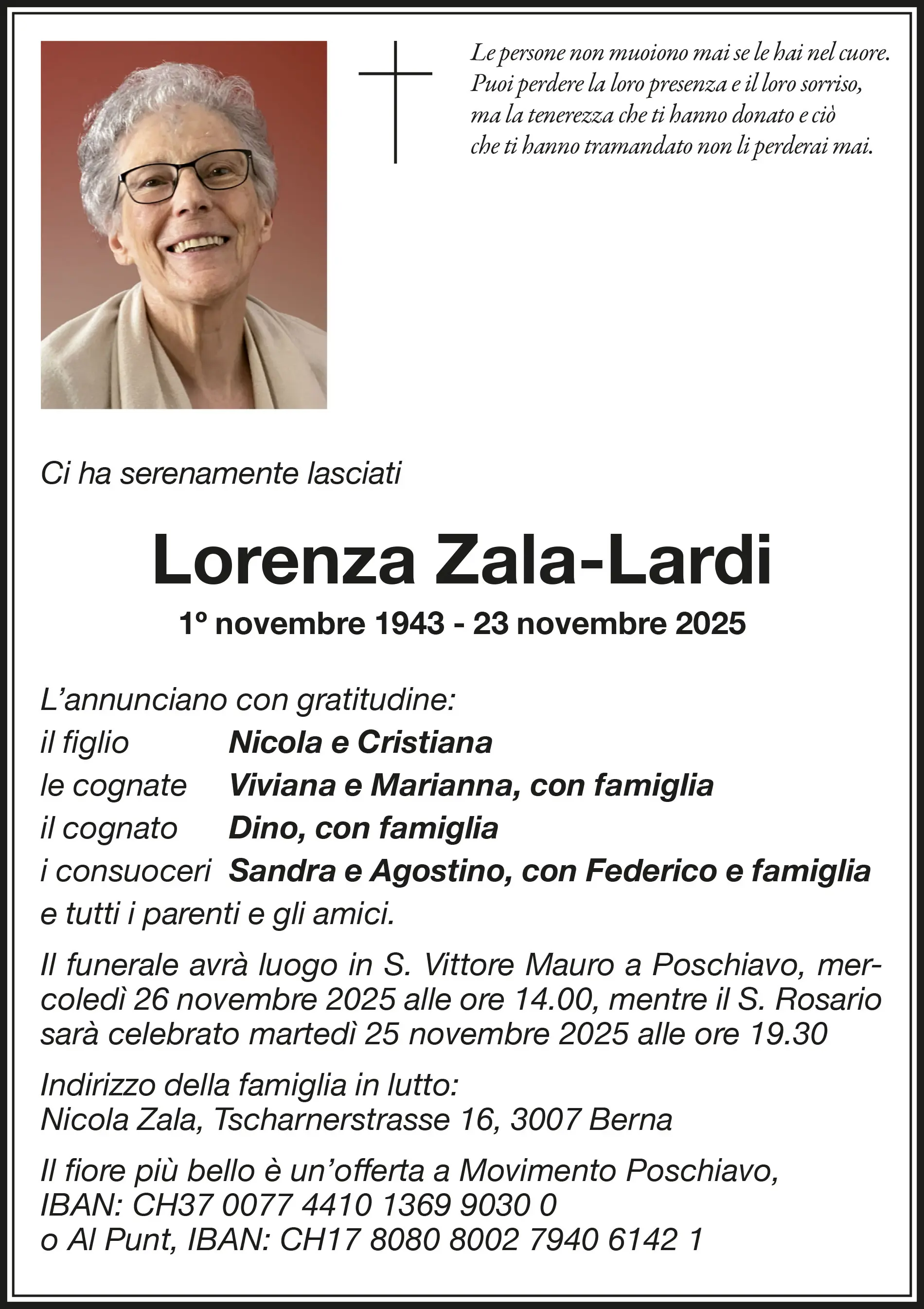 Annuncio funebre di Lorenza Zala-Lardi, con foto. Indica date di nascita e di morte, insieme a dettagli sul funerale e informazioni di contatto.