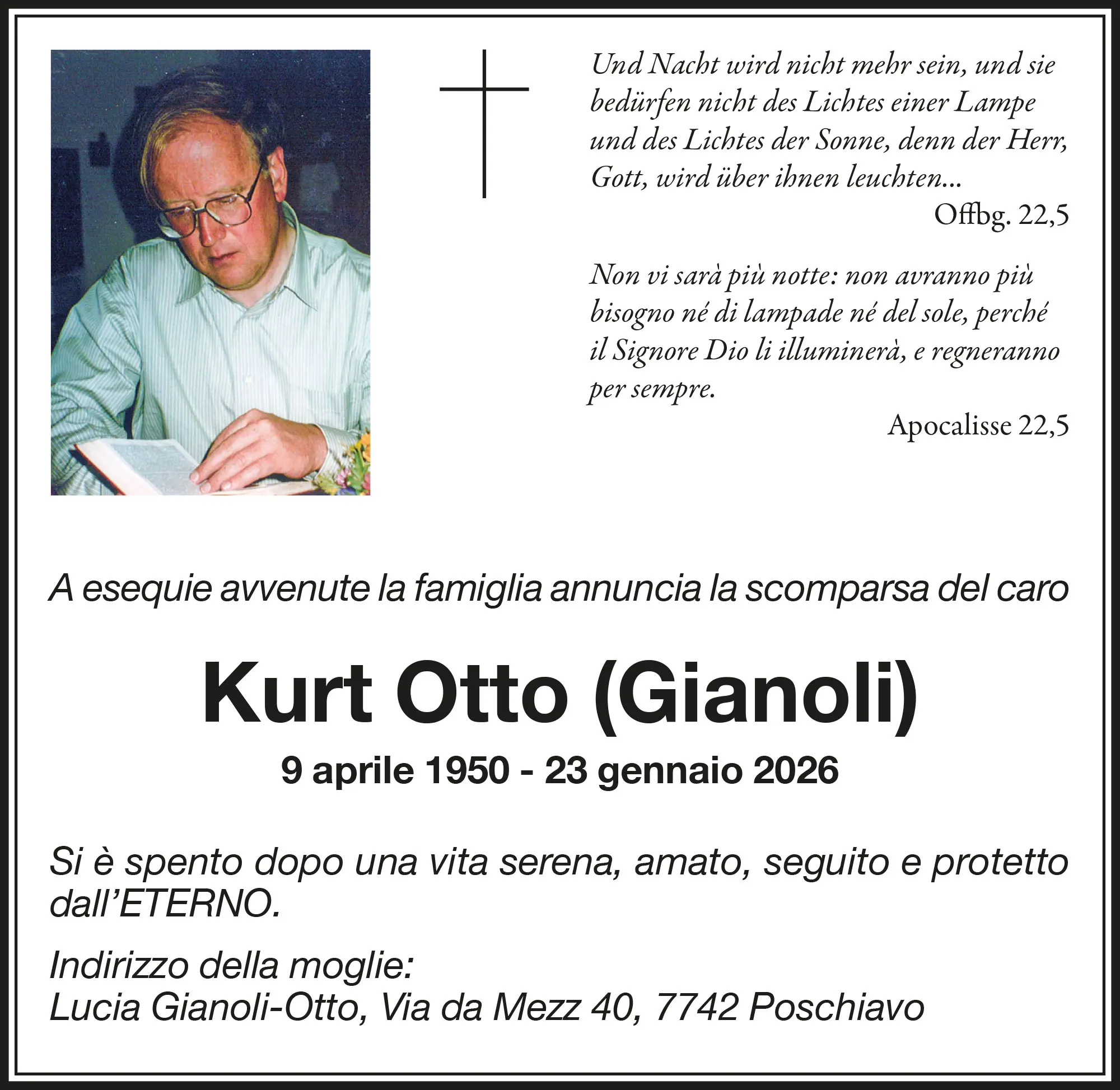 Annuncio funebre di Kurt Otto Gianoli, morto il 23 gennaio 2026. Include la data di nascita e un messaggio di tributo dalla moglie, con dettagli sull