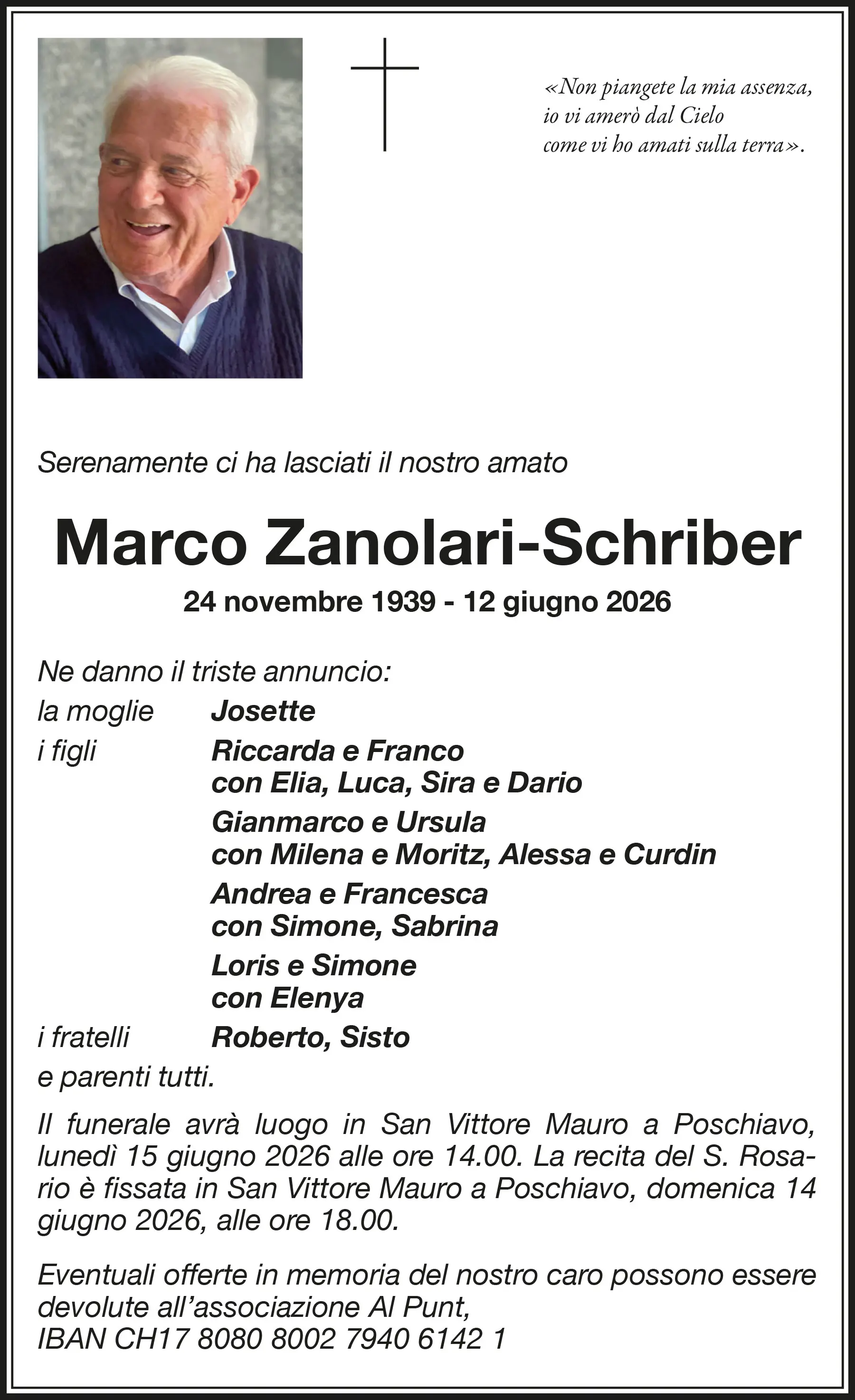 Annuncio funebre di Marco Zanolari-Schriber, con foto sorridente. Informazioni sulla date di nascita e morte, con dettagli sui familiari e l'evento commemorativo.