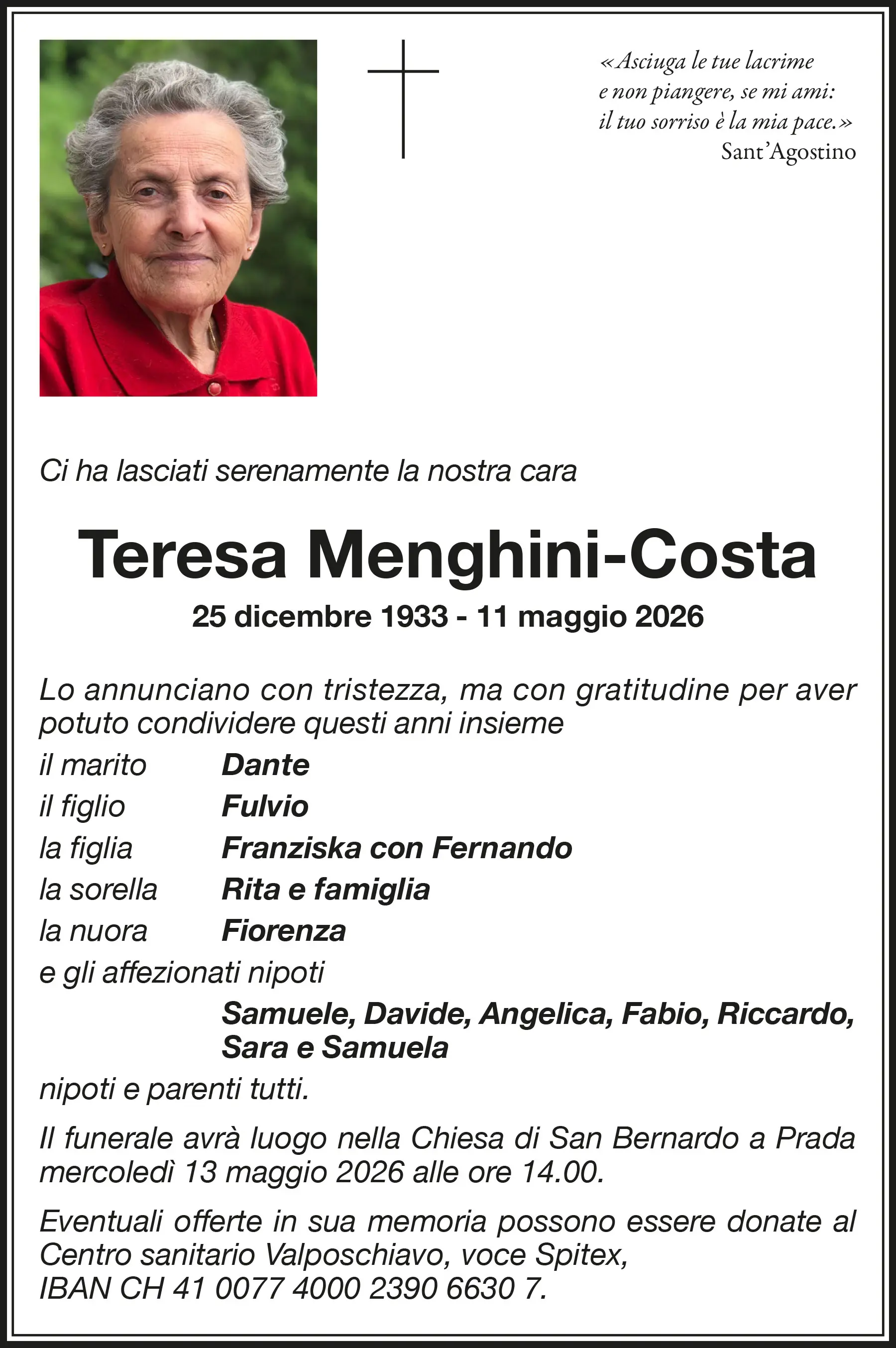 Annuncio funebre di Teresa Menghini-Costa, deceduta l'11 maggio 2026. Include informazioni sui familiari, tra cui marito, figli e sorella. Dettag