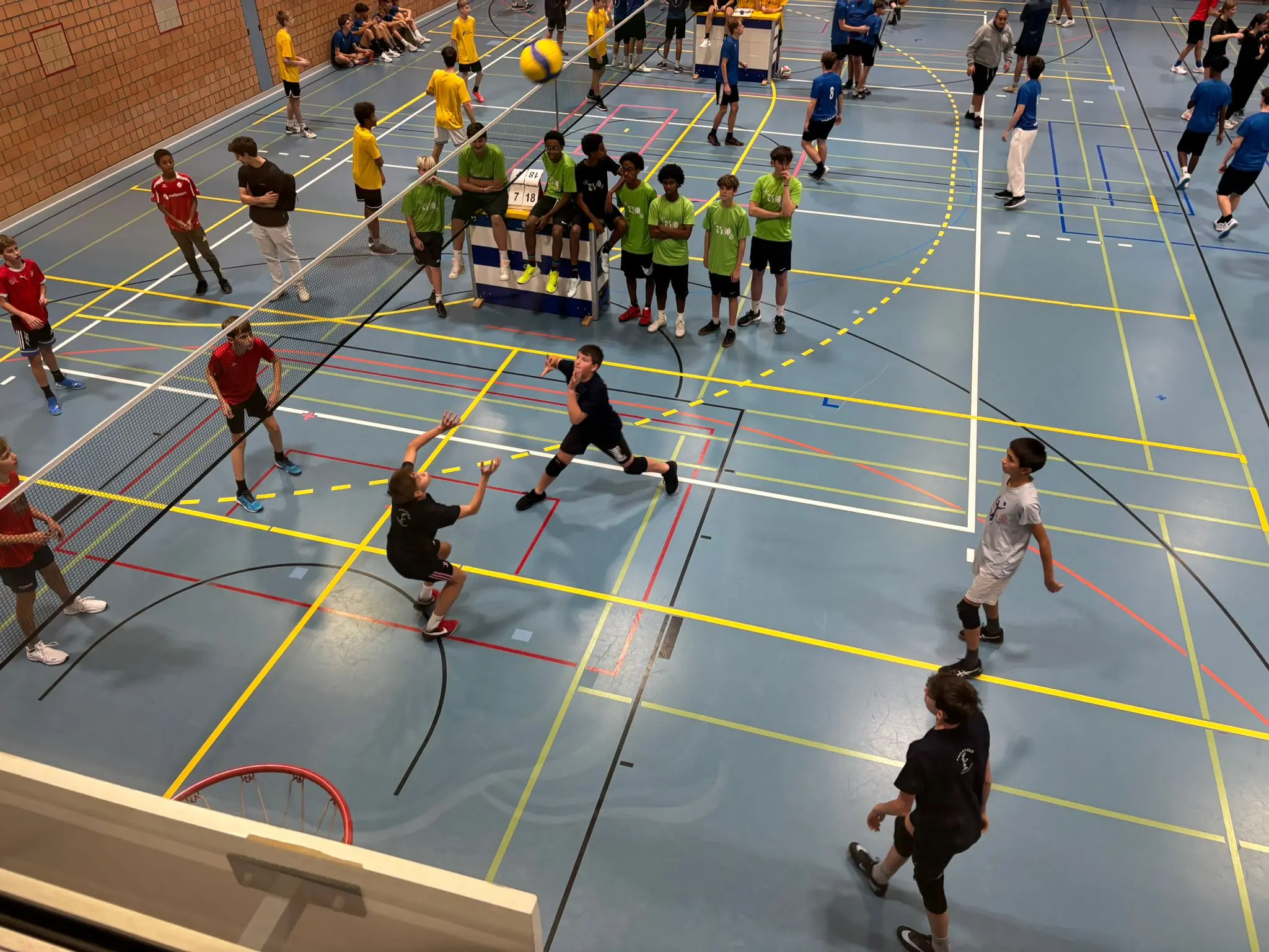 Un gruppo di giovani atleti gioca a pallavolo in un campo ricoperto da linee colorate. Alcuni indossano magliette di diversi colori, mentre altri attendono il loro turno. La scena è vivace e mostra intensità e collaborazione durante la partita.