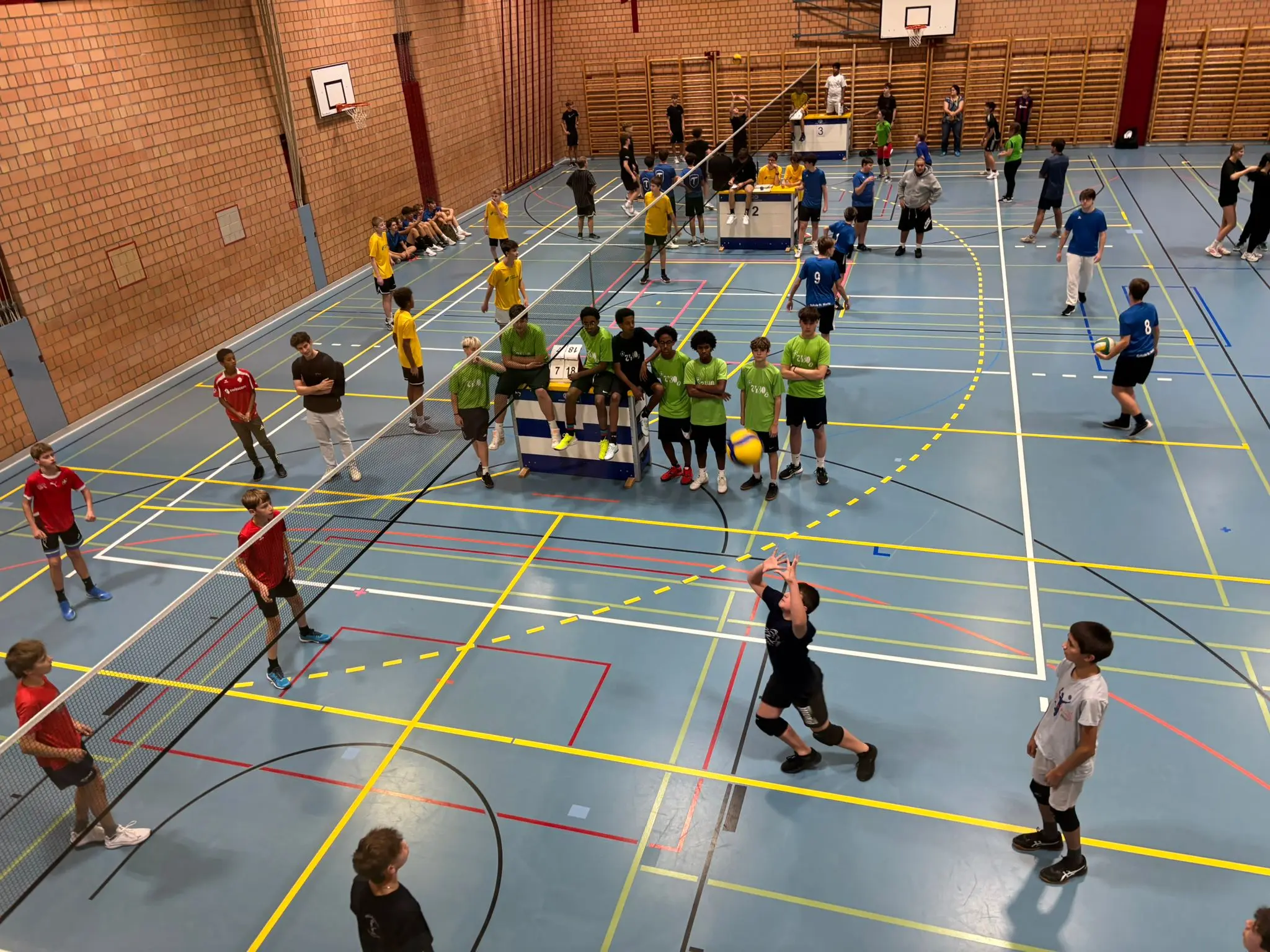 Un gruppo di giovani atleti gioca a pallavolo in una palestra. Alcuni indossano magliette blu, verdi e gialle mentre si preparano per un servizio. Si vedono anche risate e interazione tra i partecipanti.