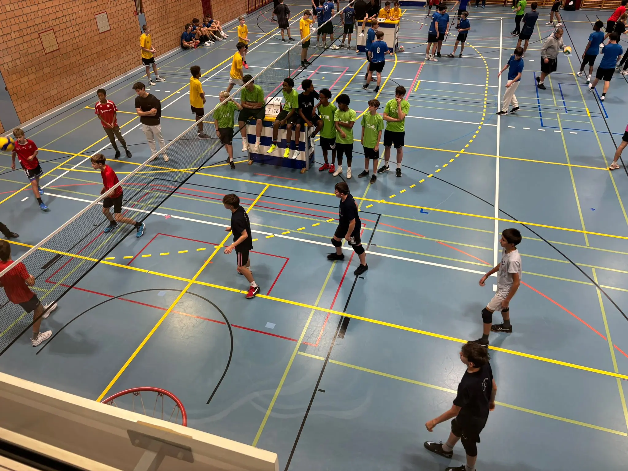 Un gruppo di ragazzi gioca a pallavolo in un palazzetto. Ci sono squadre di diversi colori, come rosso, blu, verde e giallo, che si preparano per la partita. Alcuni ragazzi si muovono lungo il campo mentre altri si trovano in