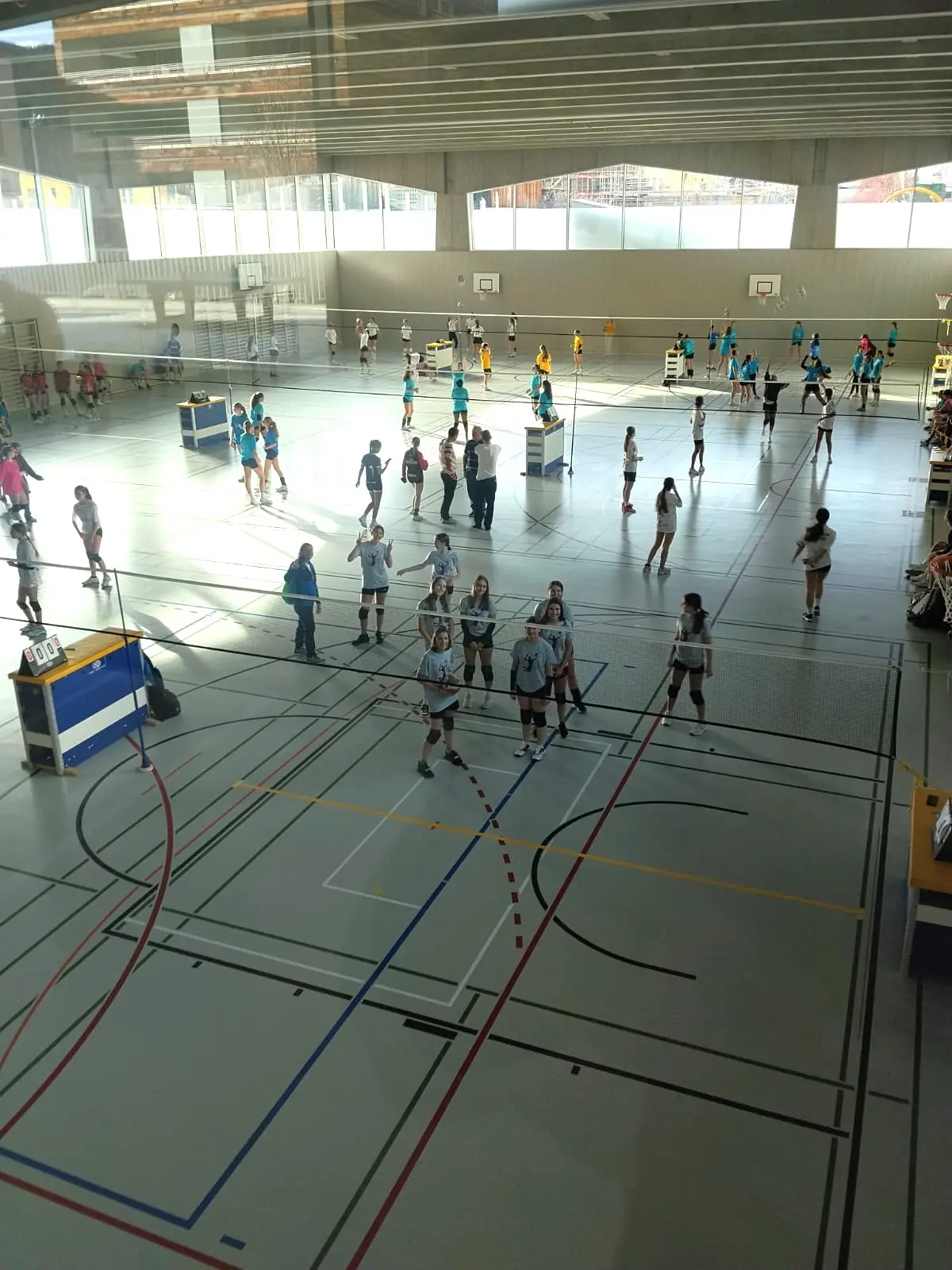Una palestra affollata con diverse squadre di pallavolo che si allenano. Alcuni atleti sono schierati in campo, mentre altri si preparano al gioco. Gli spalti e le linee del campo sono ben visibili.