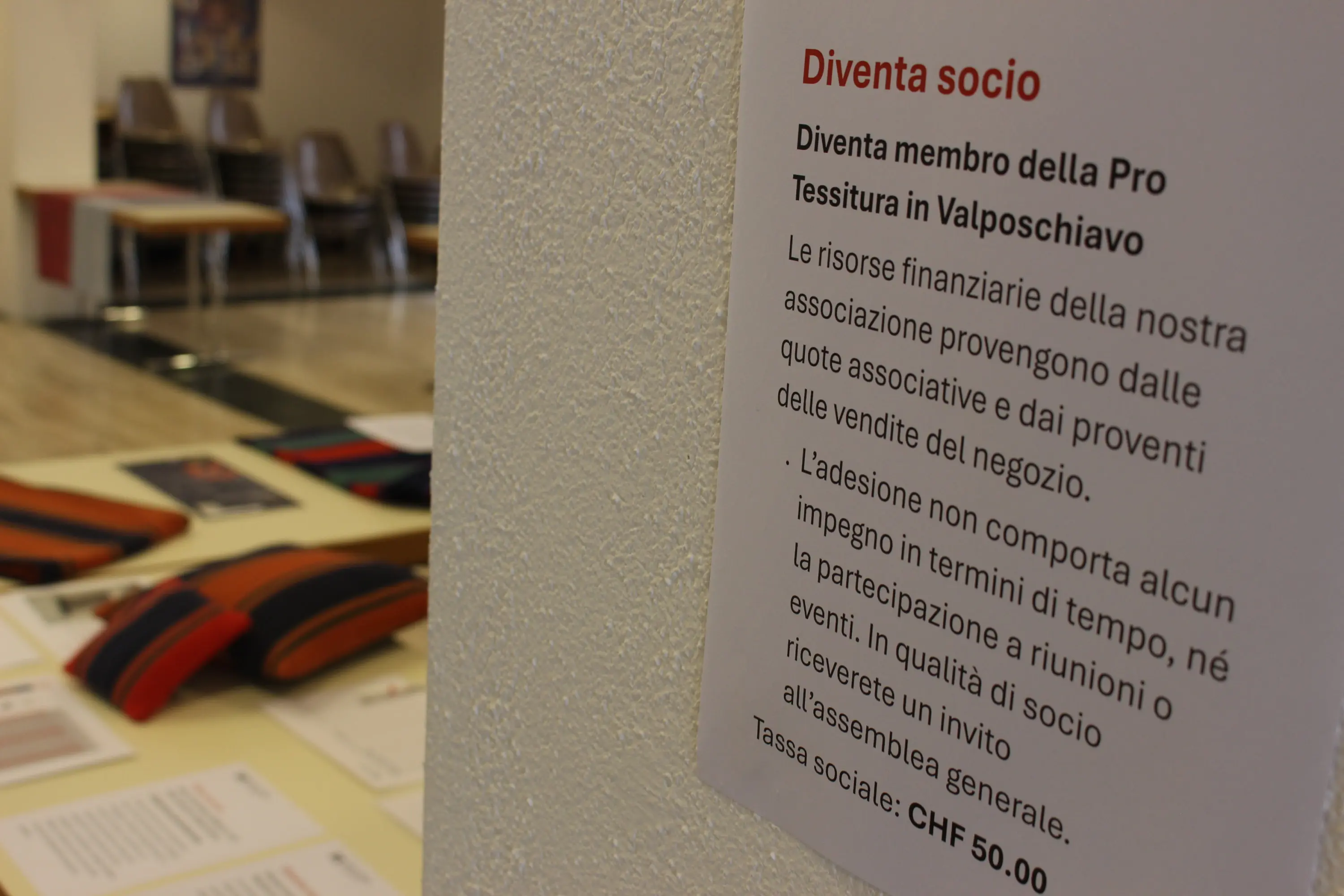 Diventa socio della Pro Tessitura in Valposchiavo. Informazioni su come aderire all'associazione e dettagli sulla quota associativa. Tassa sociale: CHF 50.00.