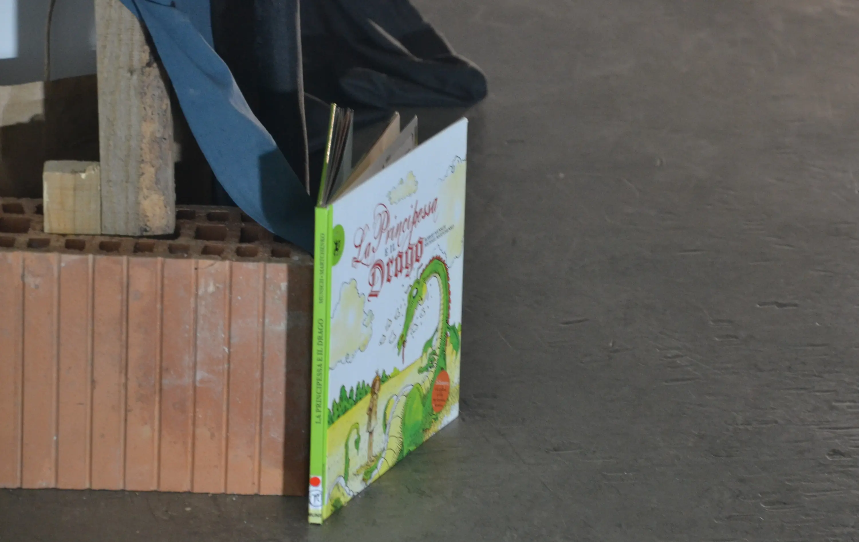 Un libro per bambini intitolato "La Principessa Drago" appoggiato su un blocco di mattoni. La copertina mostra un disegno colorato con un drago e un paesaggio verde.