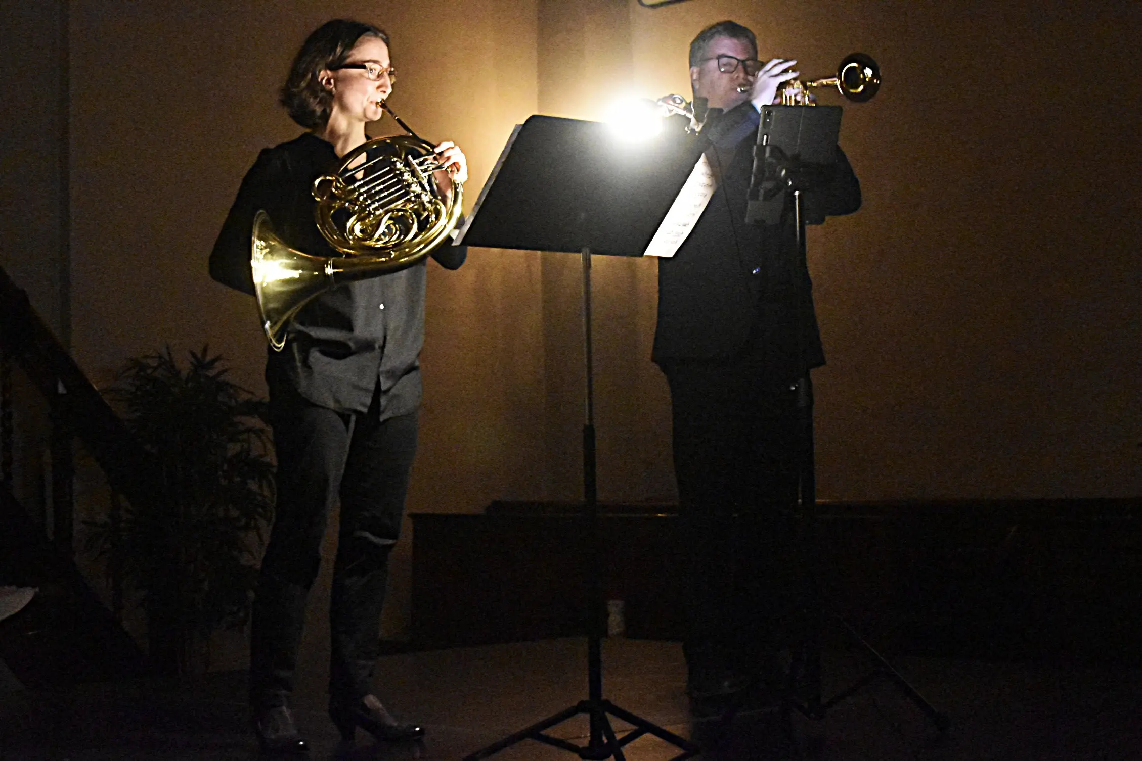 Due musicisti si esibiscono su un palco in penombra. A sinistra, una donna suona il corno francese, vestita di nero. A destra, un uomo in