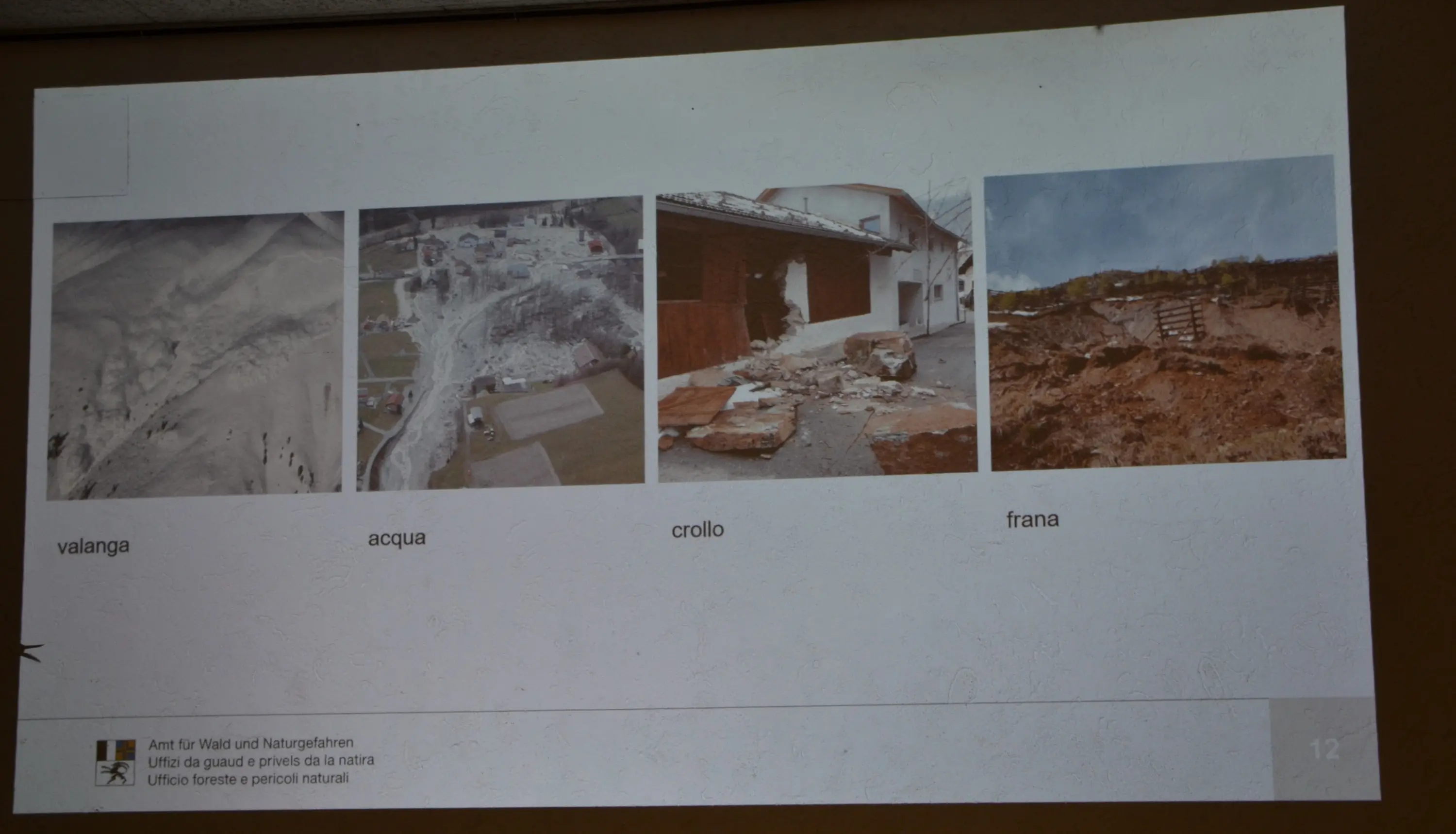 Valanga, danni da acqua, crollo di un edificio e frana. Quattro immagini che illustrano effetti diversi dei disastri naturali.