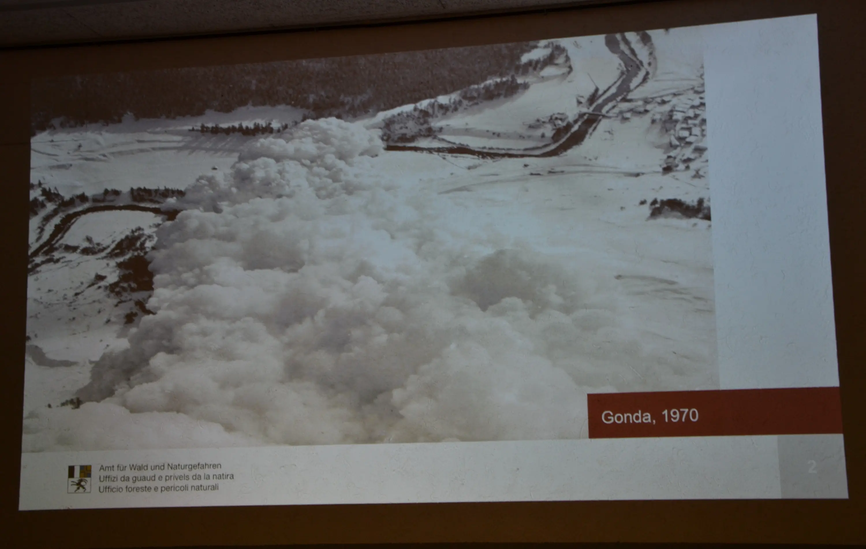 Situazione di una valanga che scende lungo un pendio montano, risalente al 1970. La scena è dominata da nuvole bianche di neve e detriti, circondata da aree boschive e strade visibili nel paesaggio.