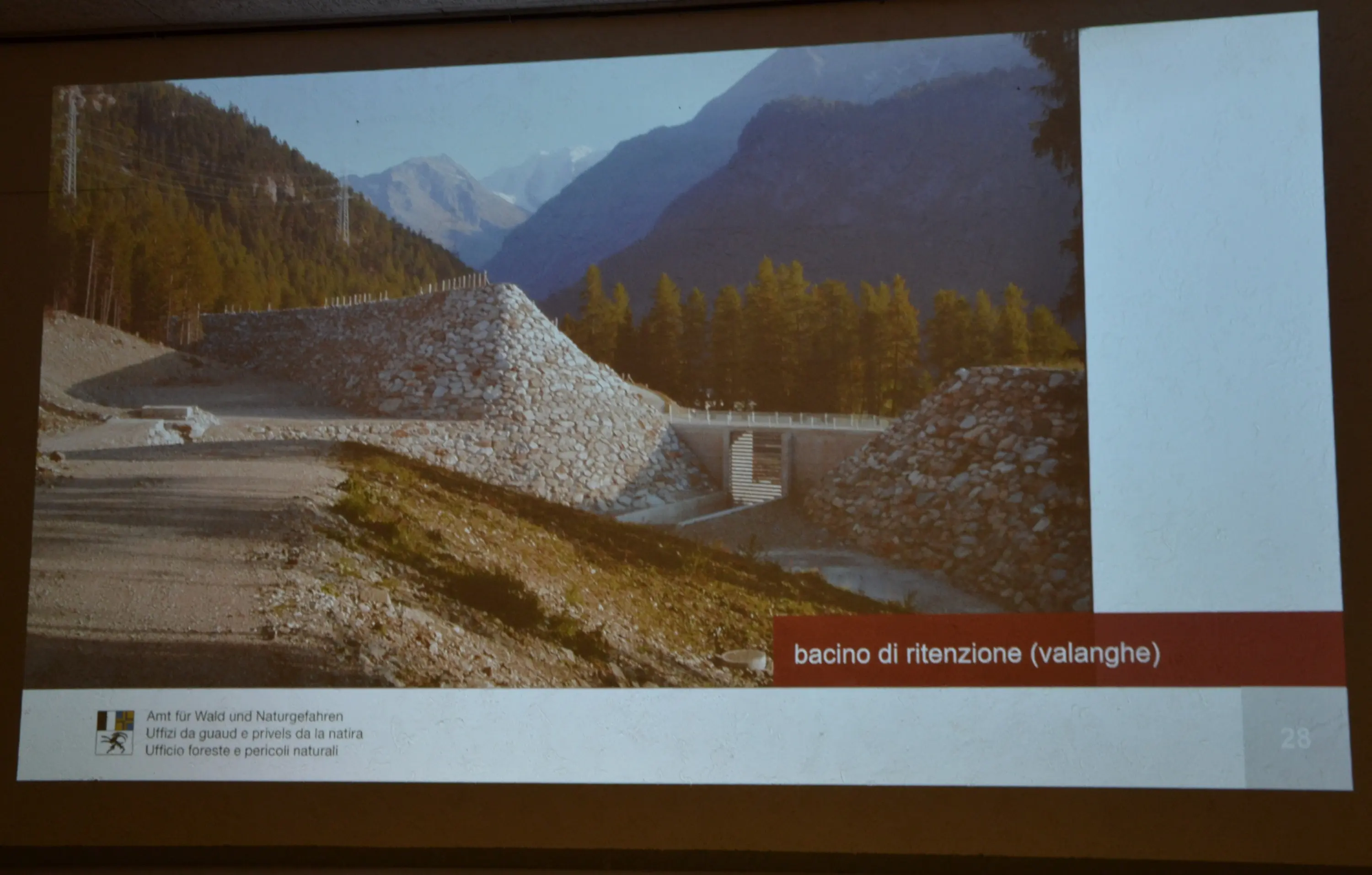 Bacino di ritenzione per valanghe con montagne sullo sfondo e alberi sul lato.