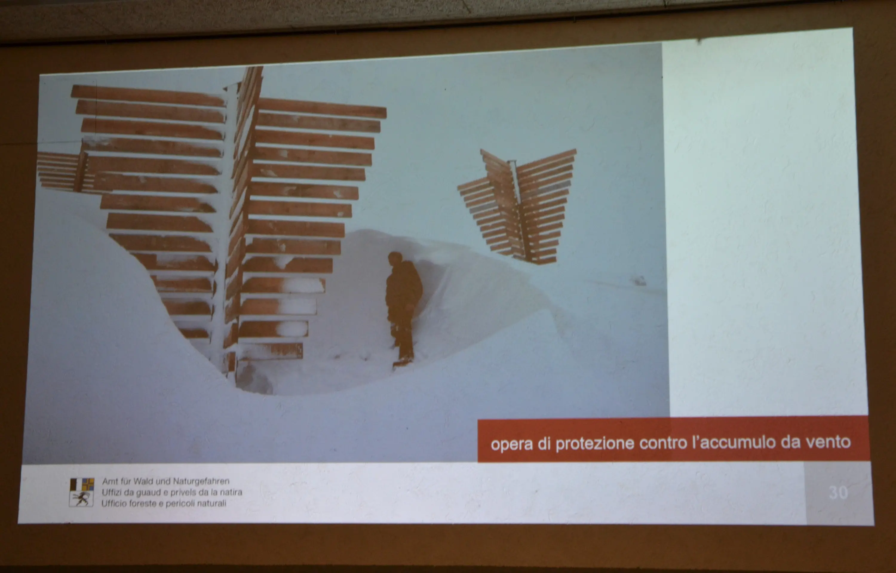 Struttura di protezione contro l'accumulo di neve, con un uomo in piedi vicino a una barriera di legno in un paesaggio innevato.